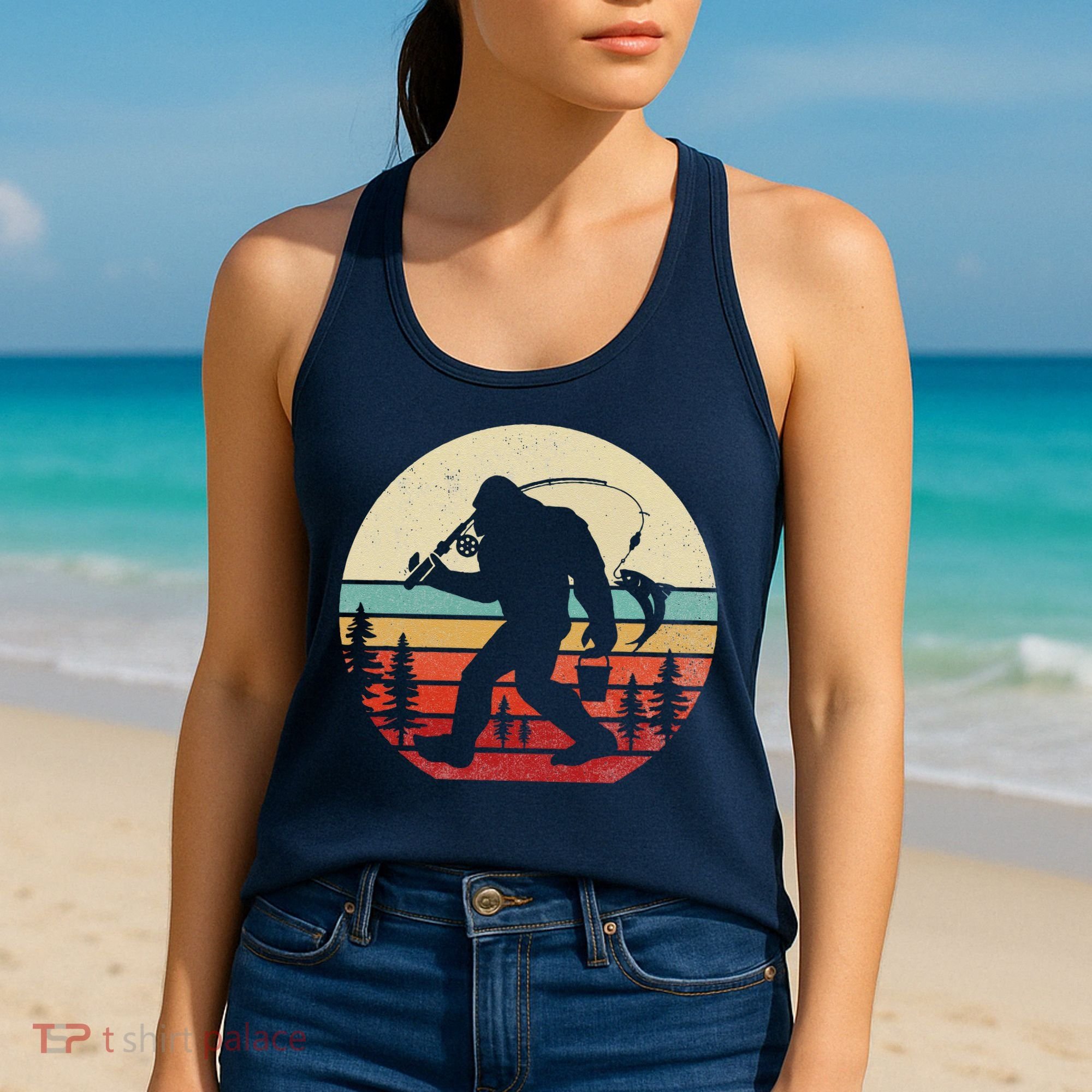Bigfoot Fishing Funny Retro Sasquatch Dad Women's Tank Top