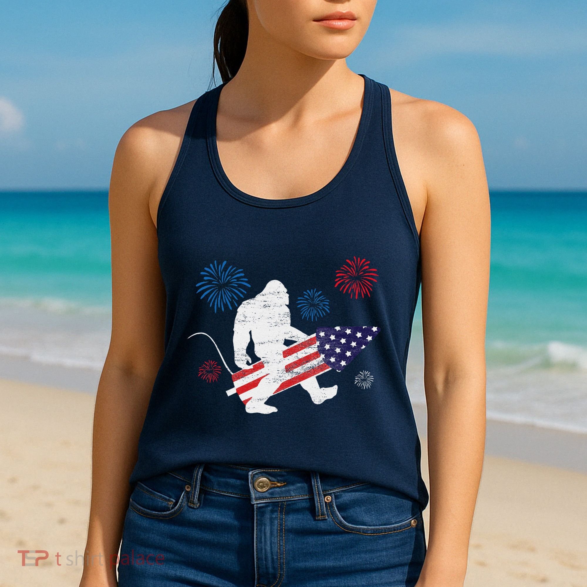 Bigfoot Fireworks Funny 4th Of July Sasquatch Patriotic Women's Tank Top