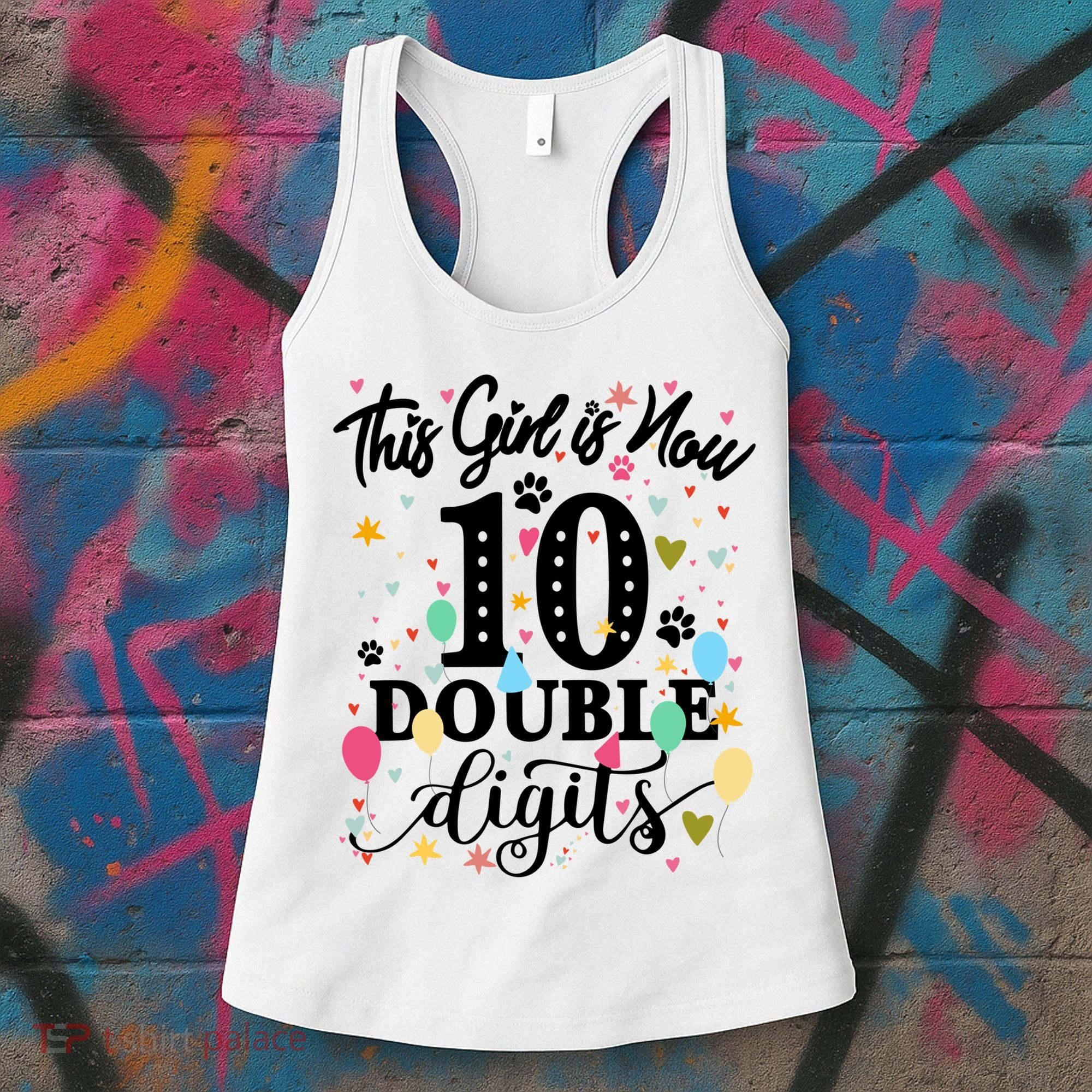 Birthday Funny Gift 10 Yrs Old This Girl Is Now 10 Double Digits Gift Women's Tank Top