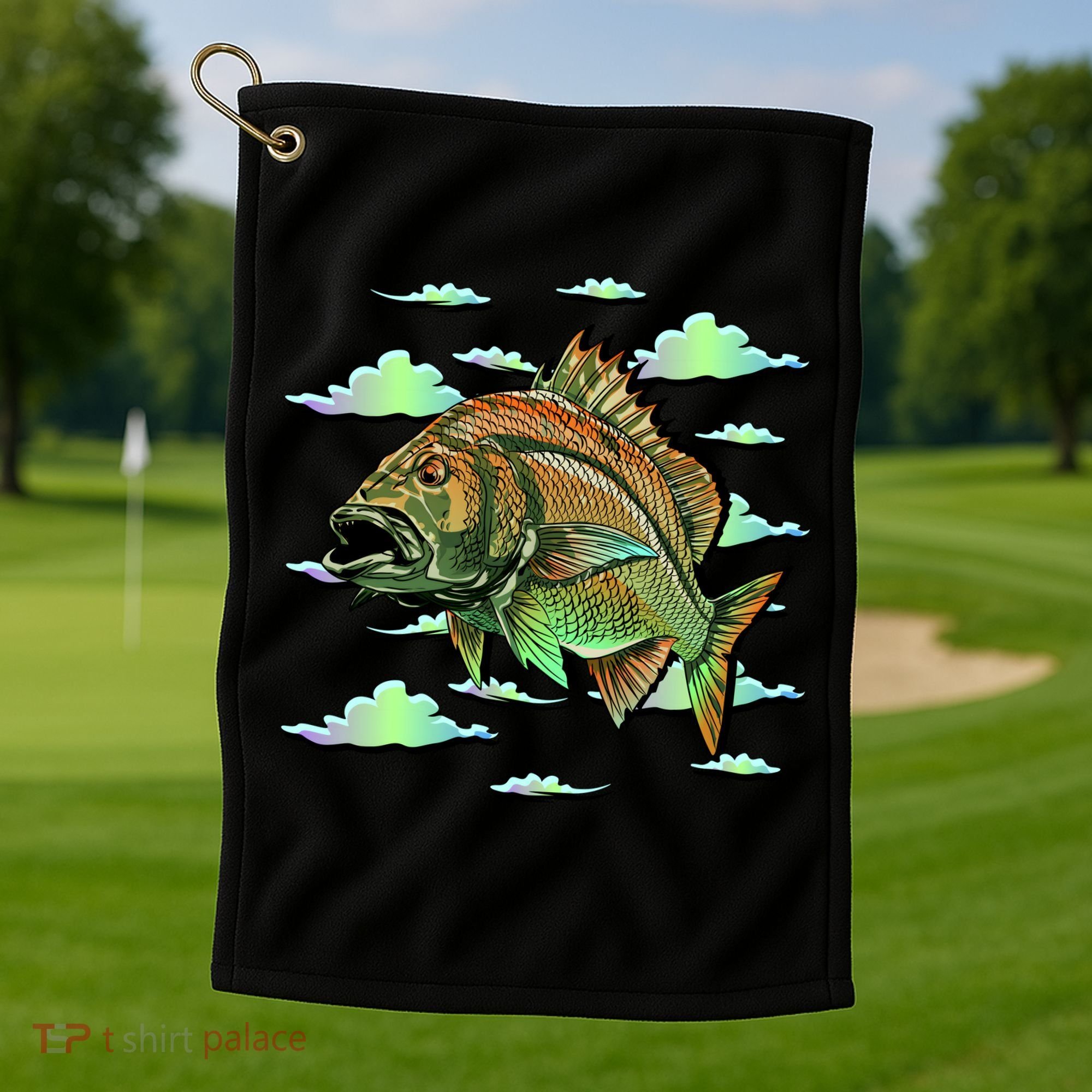Bass Fishing Illustration River Hook Golf Towel