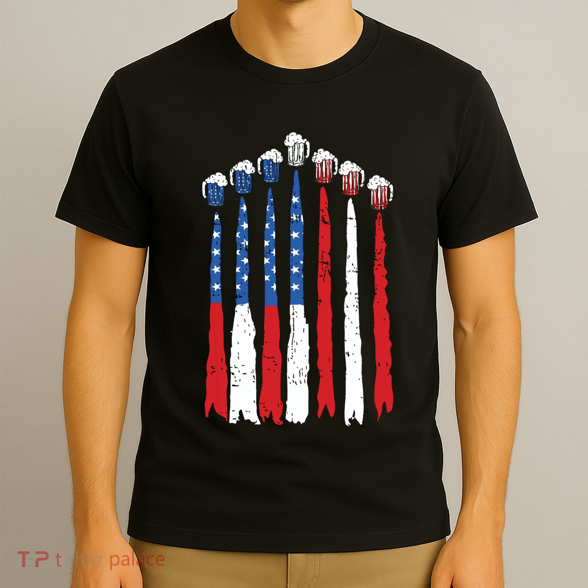 Beer Fighter Jet American Flag Usa 4th Of July Drinking Beer T-Shirt