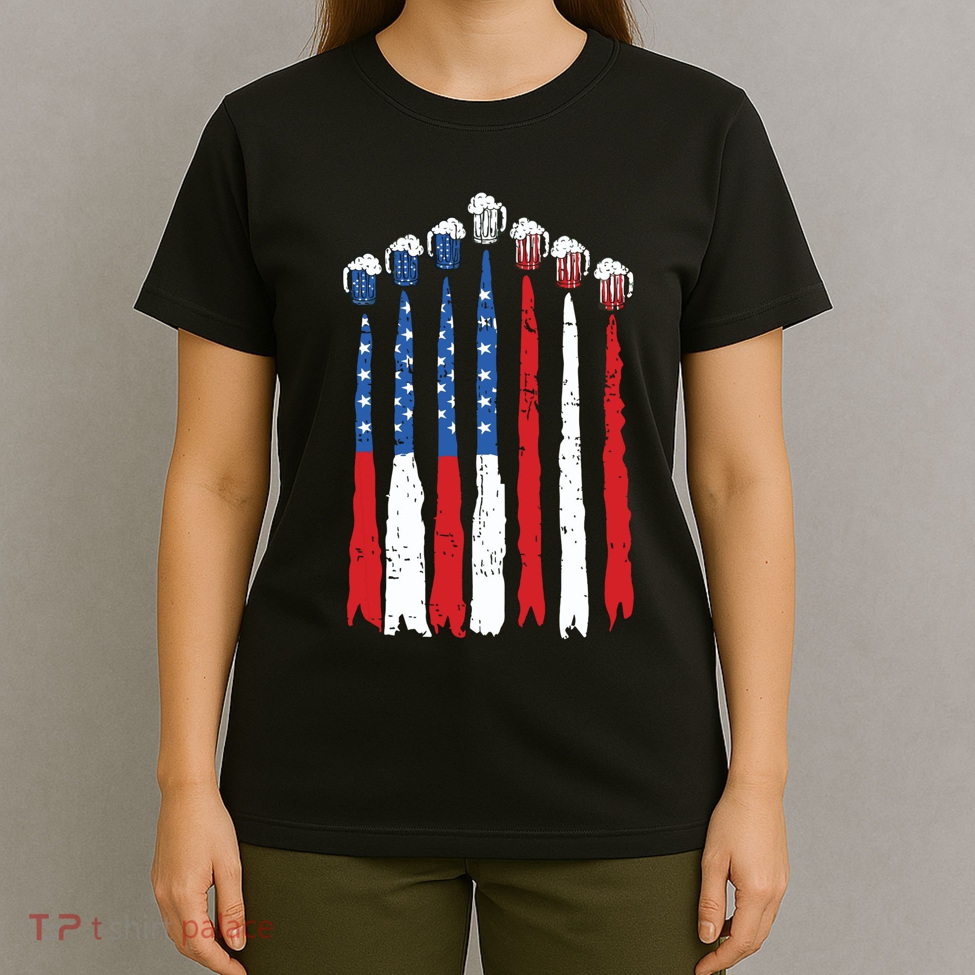 Beer Fighter Jet American Flag Usa 4th Of July Drinking Beer T-Shirt
