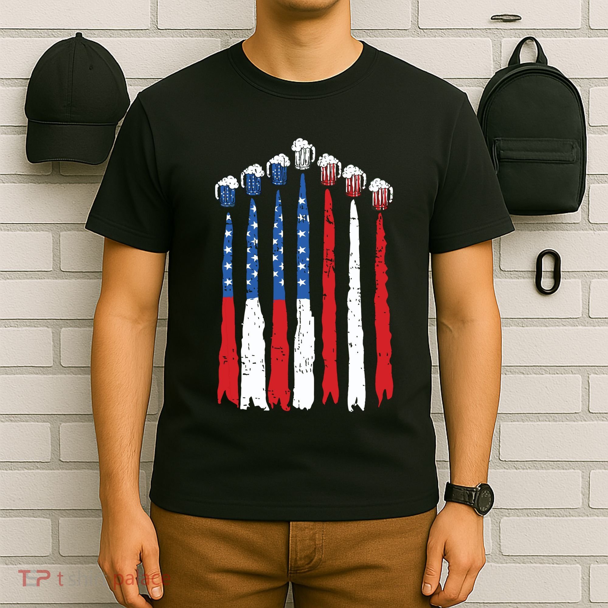 Beer Fighter Jet American Flag Usa 4th Of July Drinking Beer T-Shirt