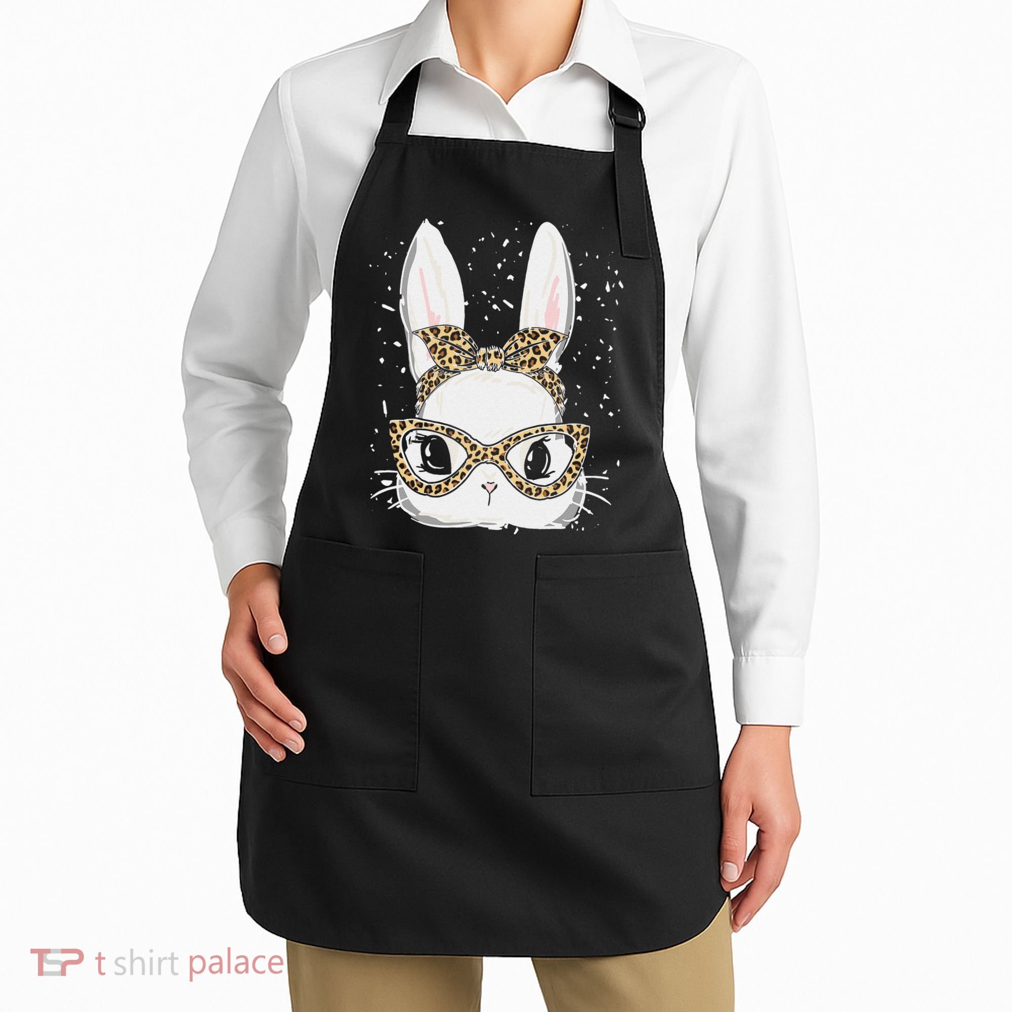 Bunny Face Leopard Glasses Headband Happy Easter Day Women's Apron