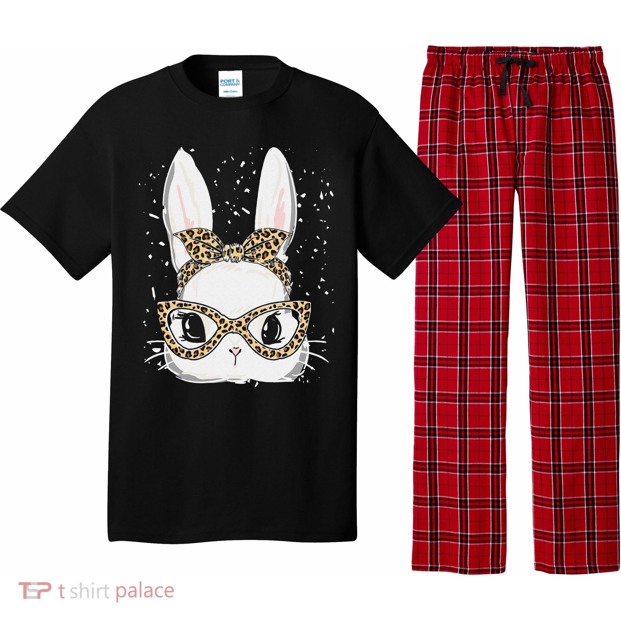 Bunny Face Leopard Glasses Headband Happy Easter Day Women's Pajama Set