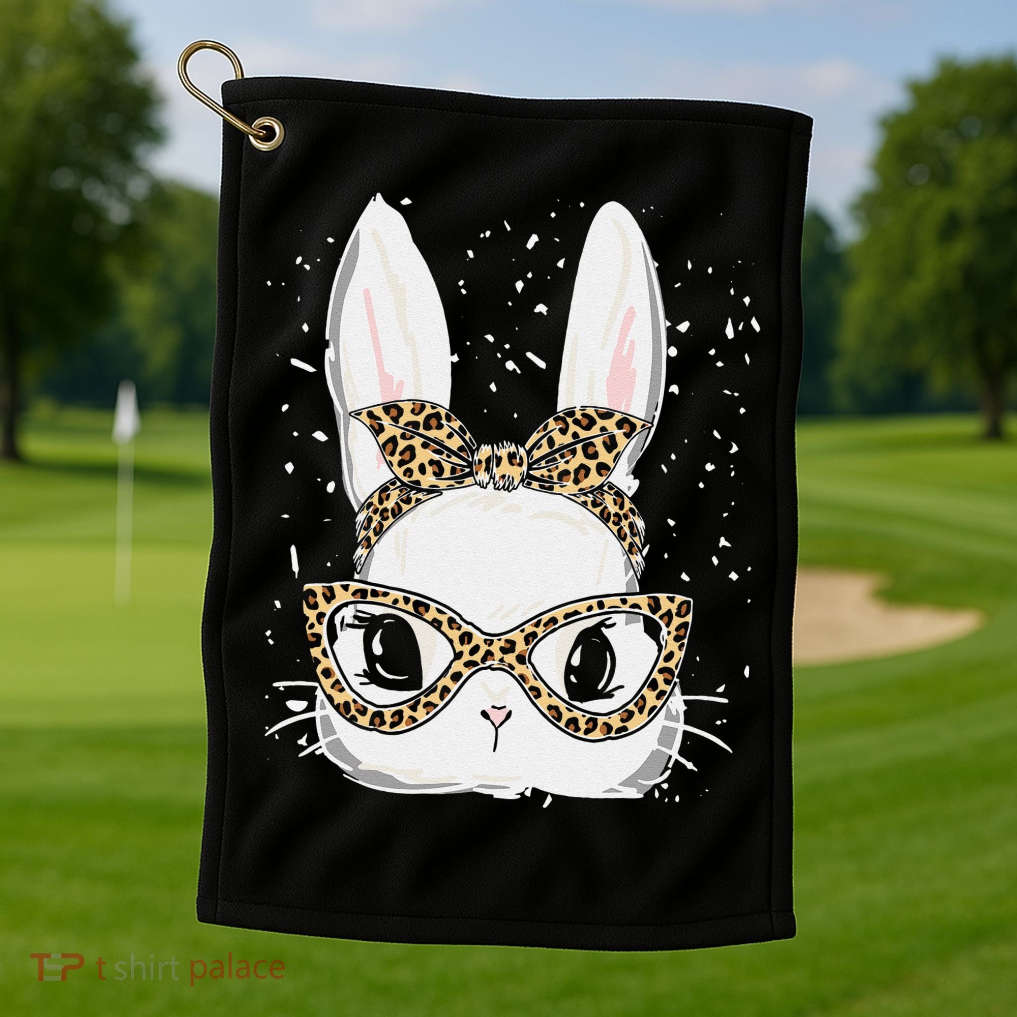Bunny Face Leopard Glasses Headband Happy Easter Day Women's Golf Towel