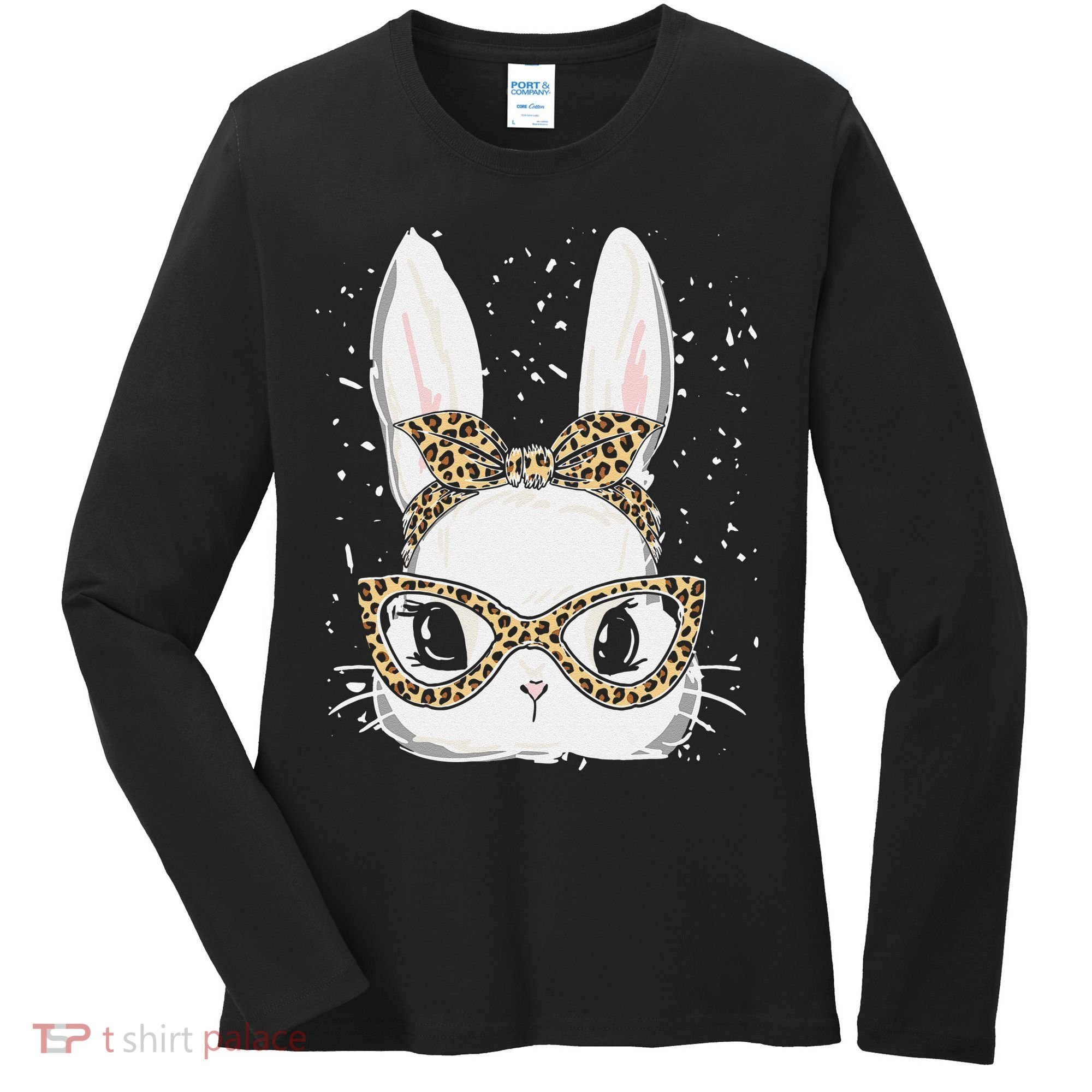 Bunny Face Leopard Glasses Headband Happy Easter Day Women's Women's Long Sleeve Shirt