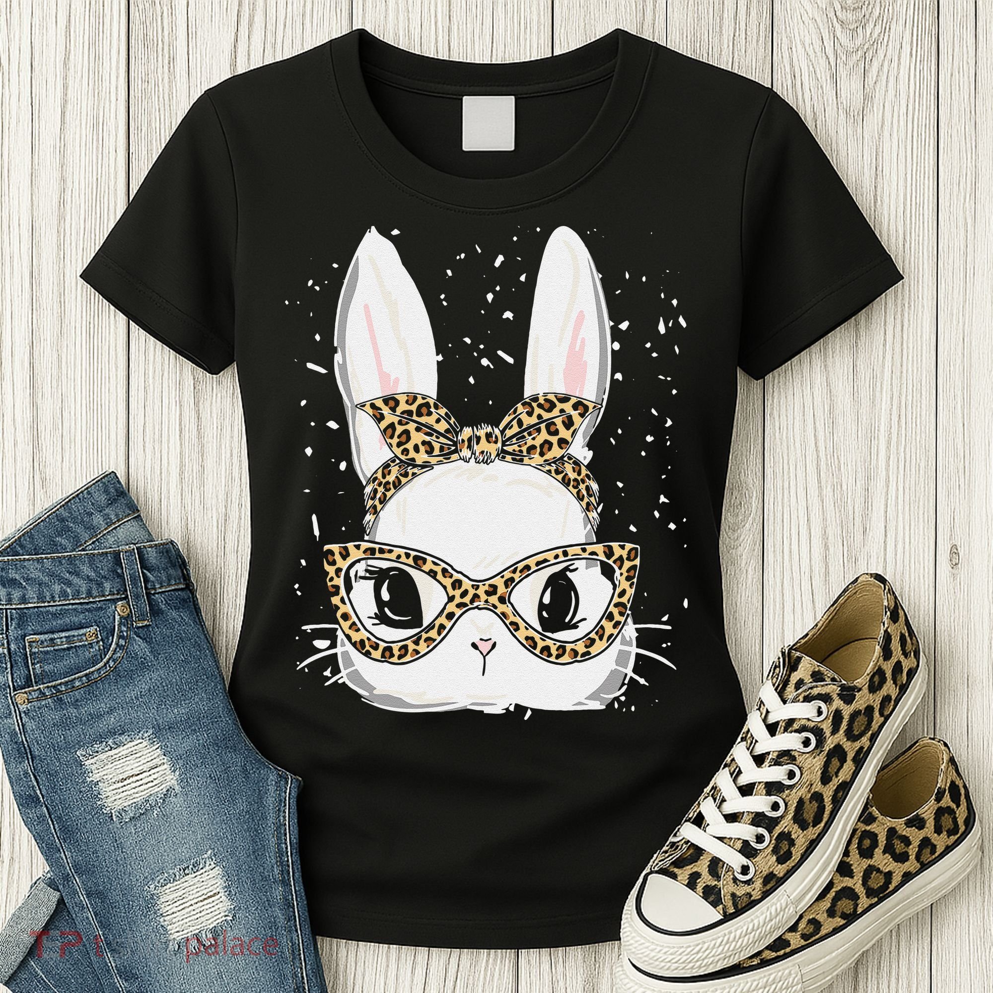 Bunny Face Leopard Glasses Headband Happy Easter Day Women's Women's T-Shirt