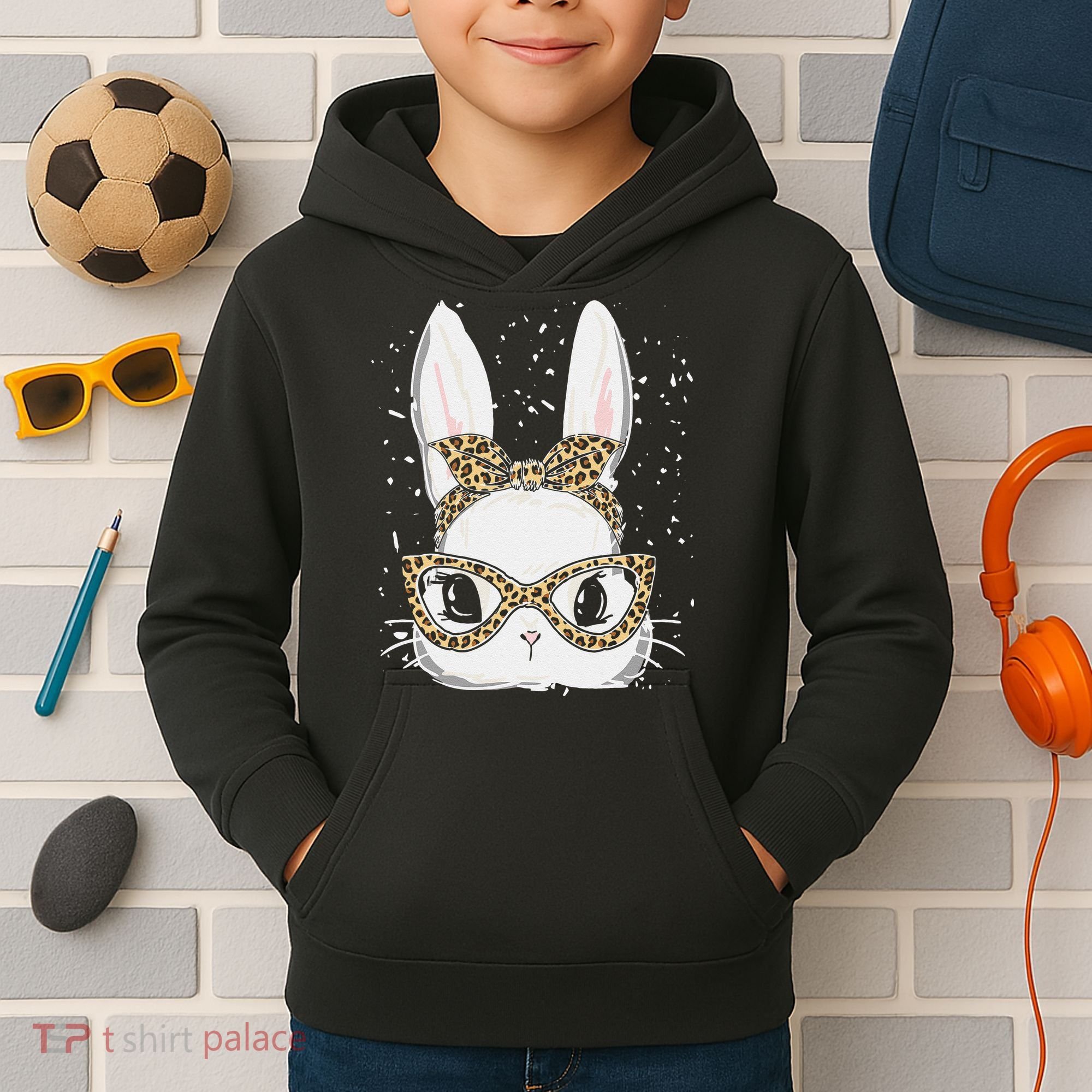 Bunny Face Leopard Glasses Headband Happy Easter Day Women's Kids Hoodie
