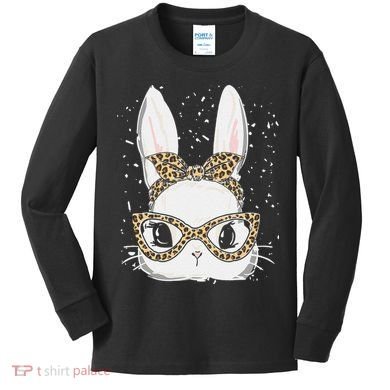 Bunny Face Leopard Glasses Headband Happy Easter Day Women's Kids Long Sleeve Shirt