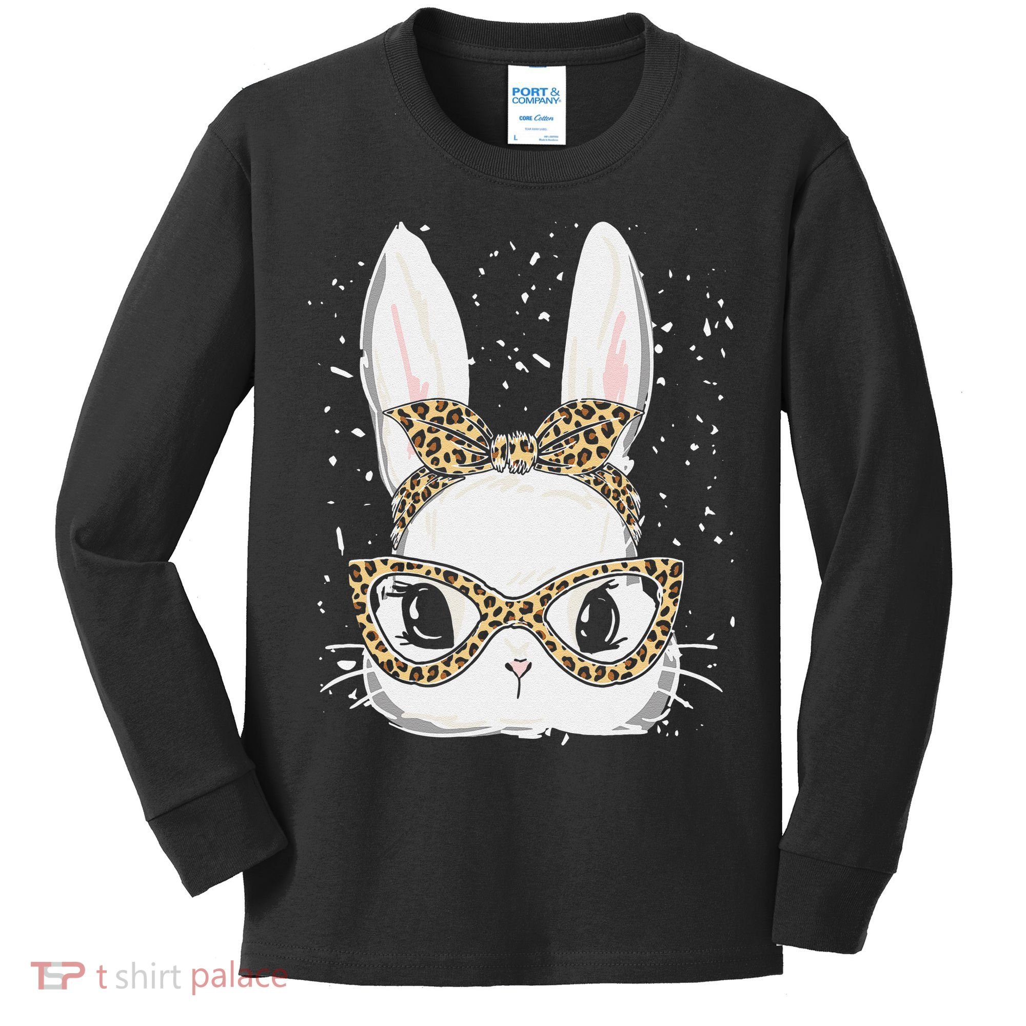 Bunny Face Leopard Glasses Headband Happy Easter Day Women's Kids Long Sleeve Shirt