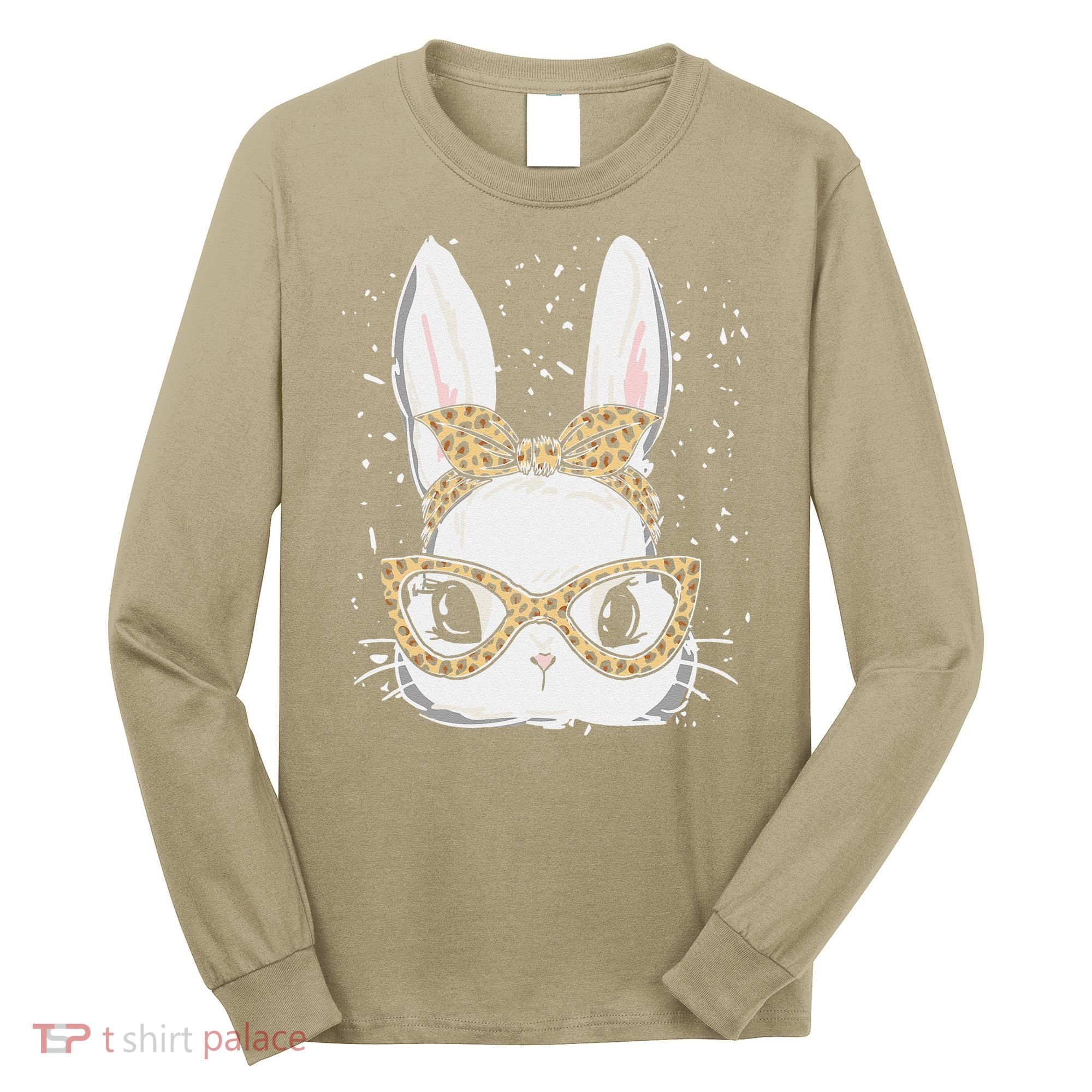 Bunny Face Leopard Glasses Headband Happy Easter Day Women's Long Sleeve Shirt