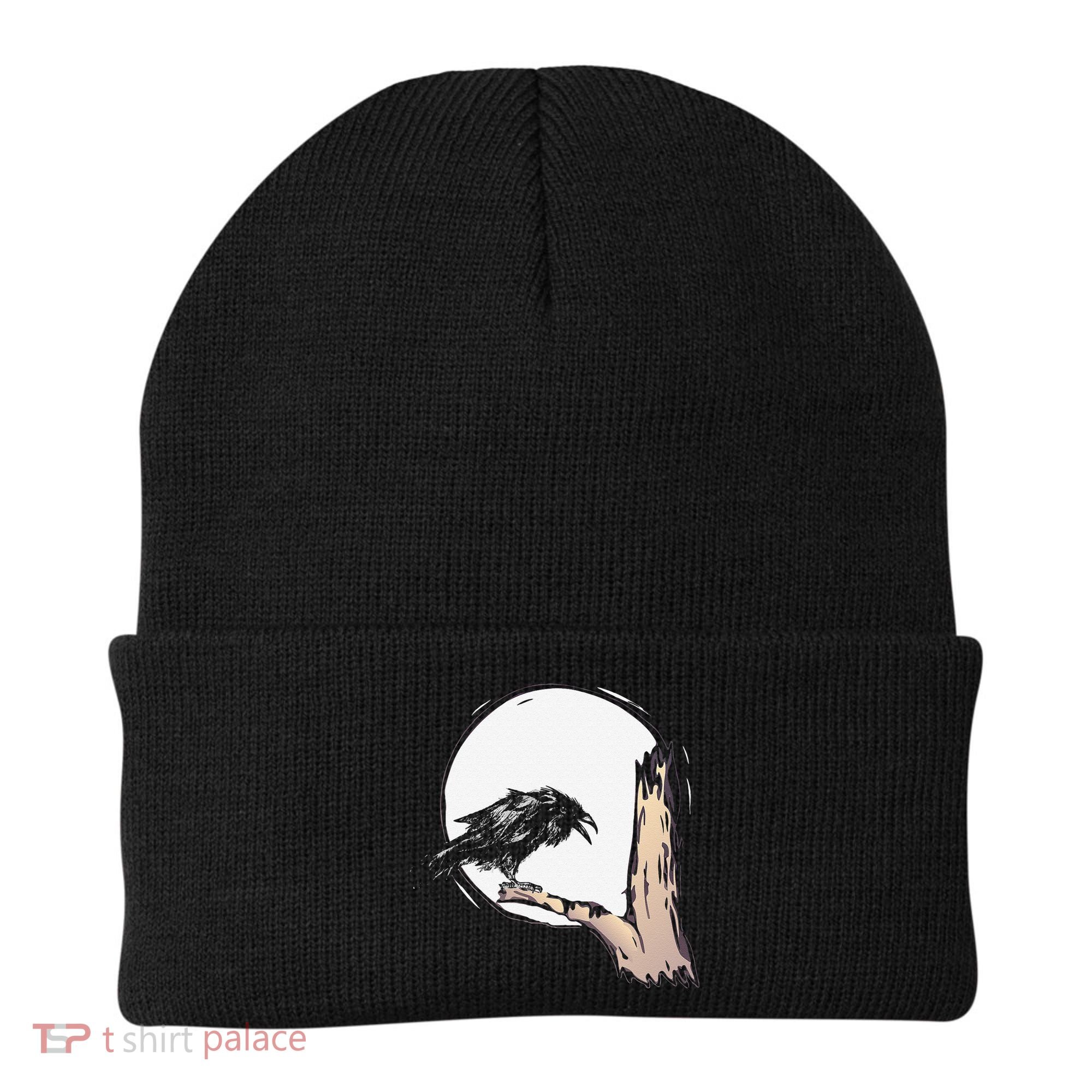Bird Full Moon Crow Spooky Raven Gothic Halloween Beanie