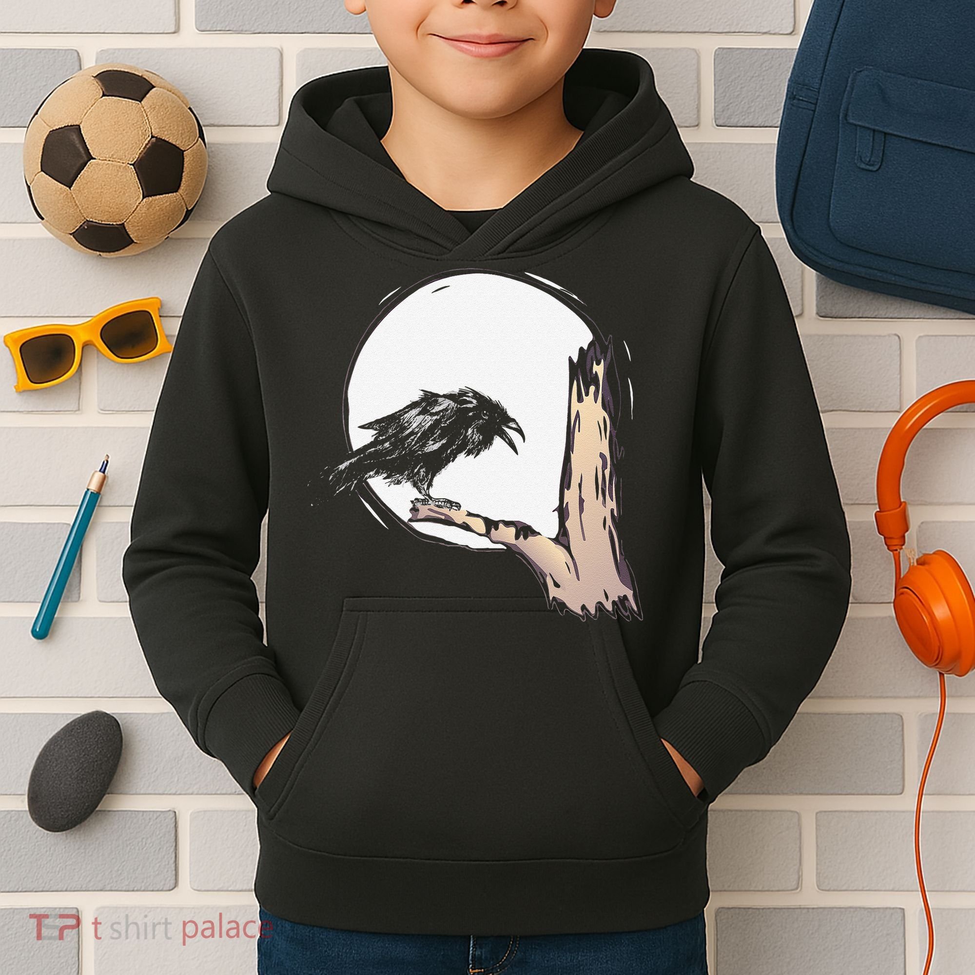 Bird Full Moon Crow Spooky Raven Gothic Halloween Kids Hoodie