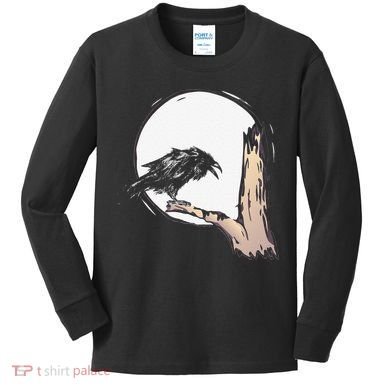 Bird Full Moon Crow Spooky Raven Gothic Halloween Kids Long Sleeve Shirt