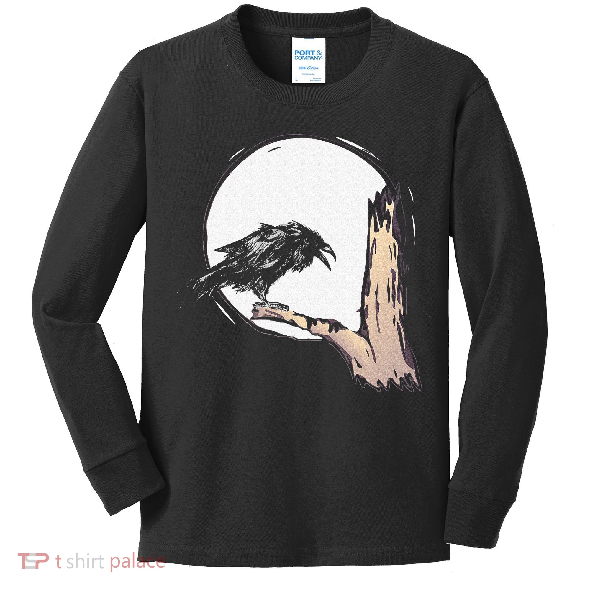 Bird Full Moon Crow Spooky Raven Gothic Halloween Kids Long Sleeve Shirt
