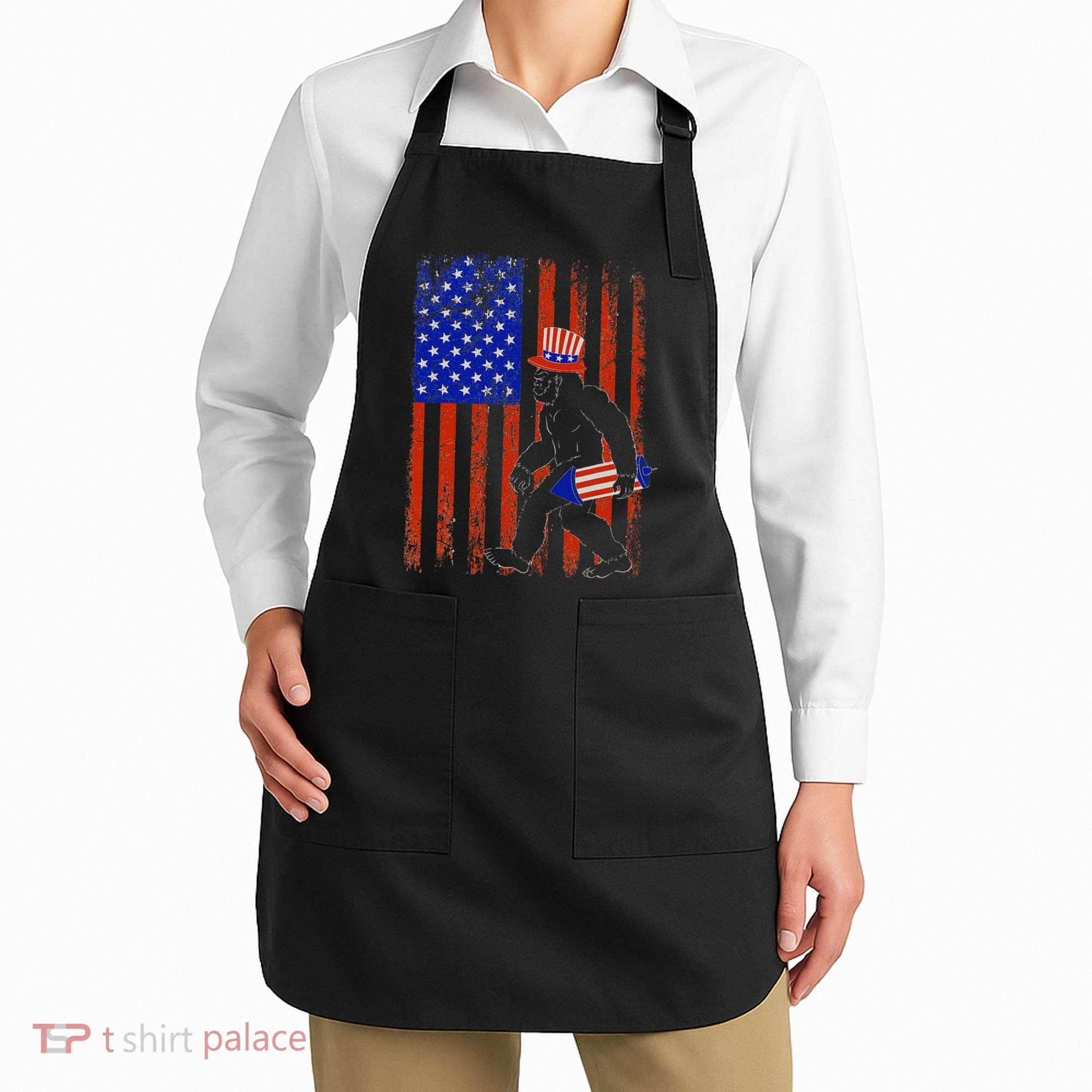 Bigfoot Fireworks Merica 4th of July USA Flag Patriotic Apron