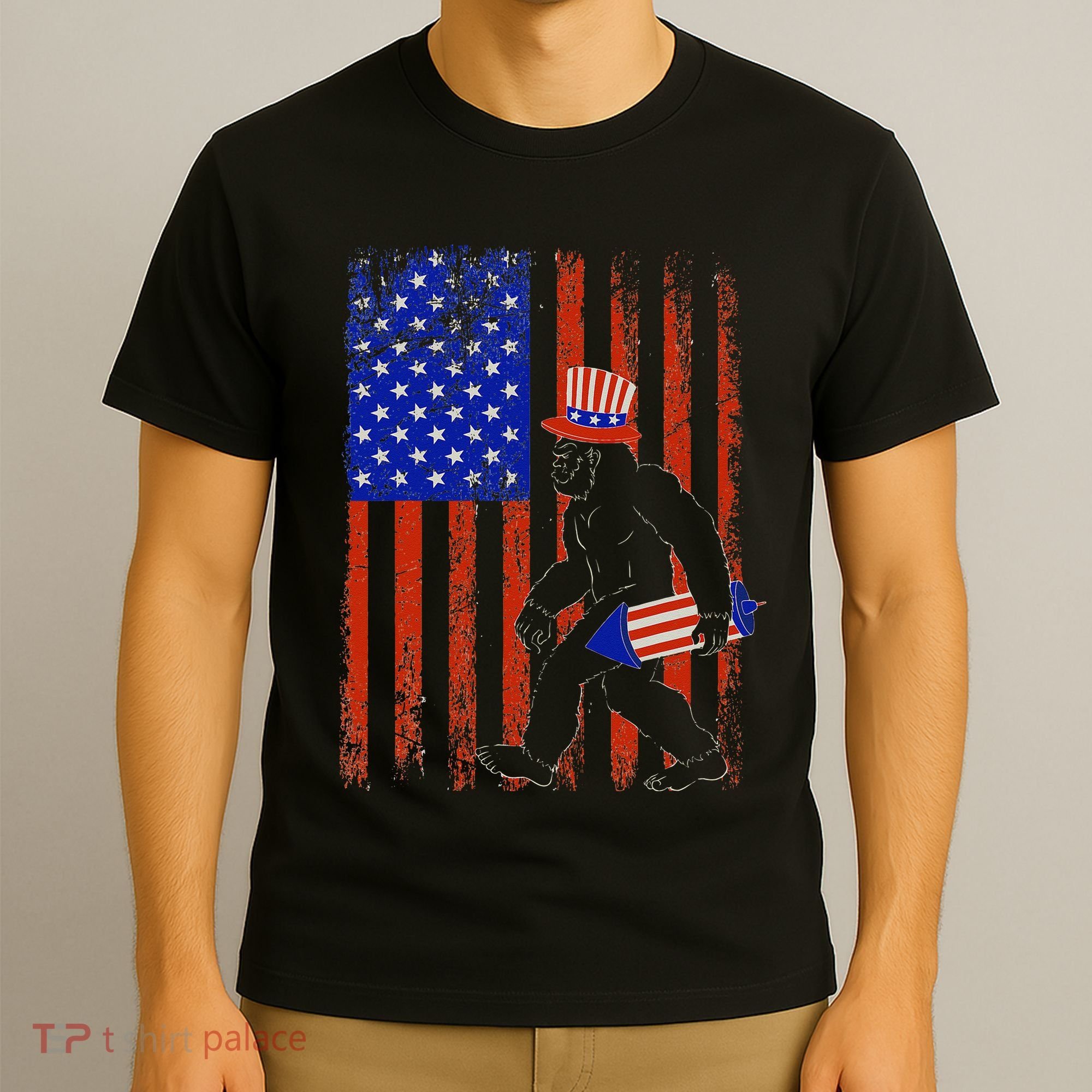 Bigfoot Fireworks Merica 4th of July USA Flag Patriotic T-Shirt