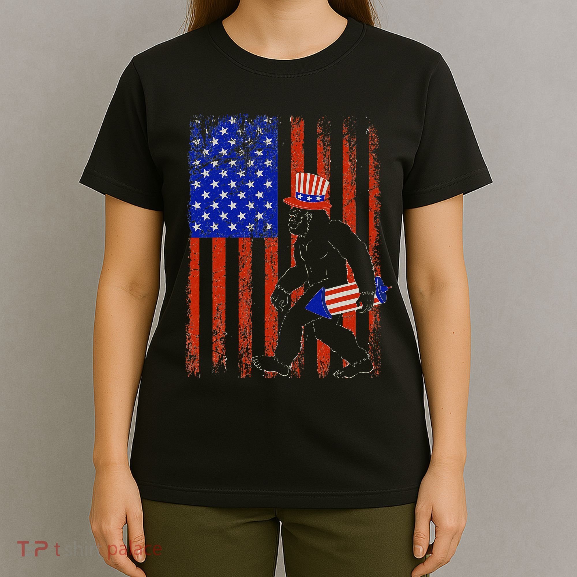 Bigfoot Fireworks Merica 4th of July USA Flag Patriotic T-Shirt