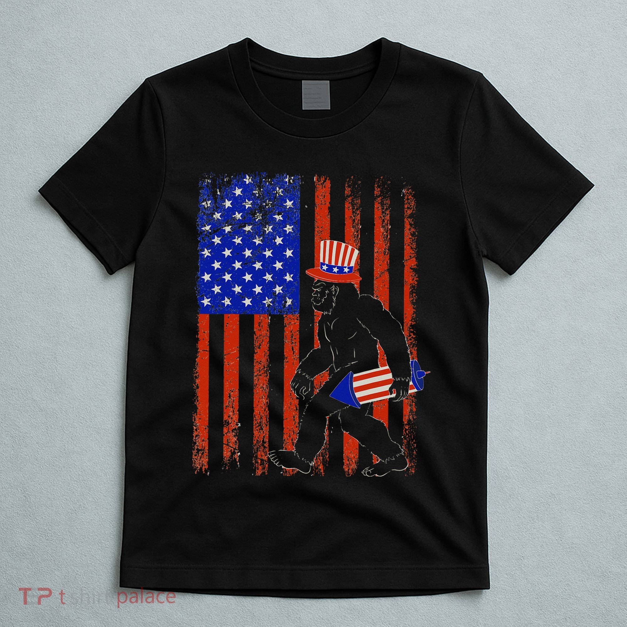 Bigfoot Fireworks Merica 4th of July USA Flag Patriotic T-Shirt