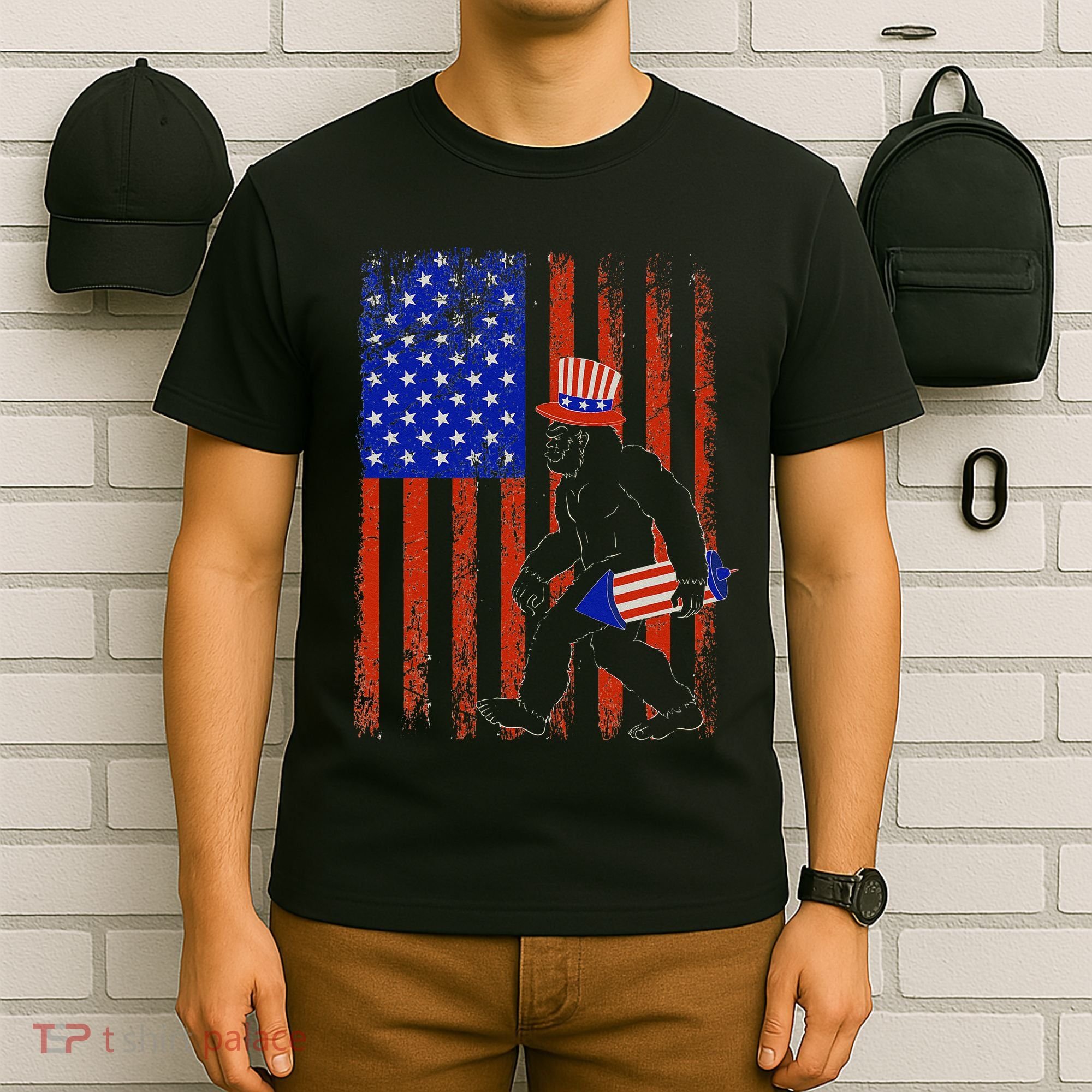 Bigfoot Fireworks Merica 4th of July USA Flag Patriotic T-Shirt