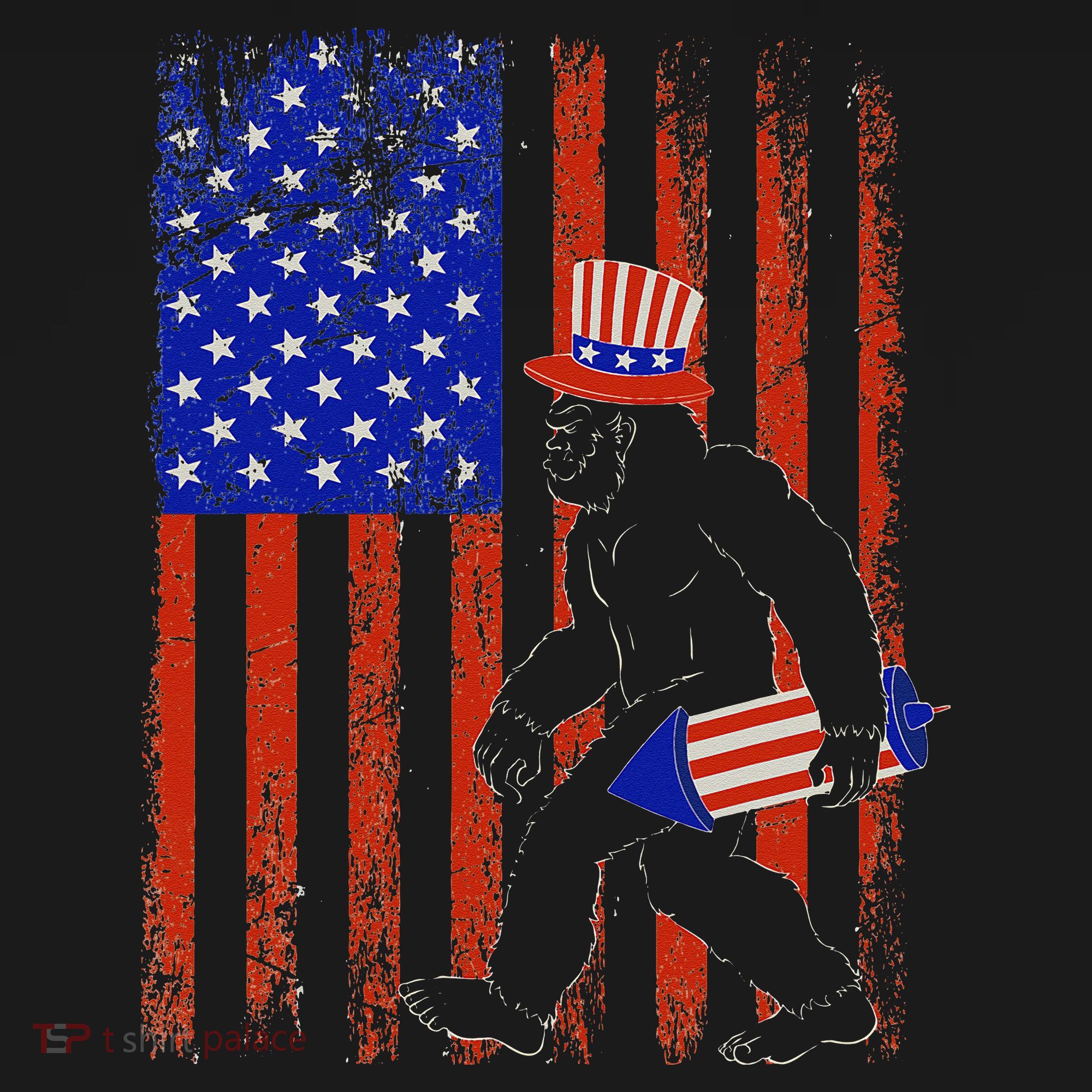 Bigfoot Fireworks Merica 4th of July USA Flag Patriotic T-Shirt