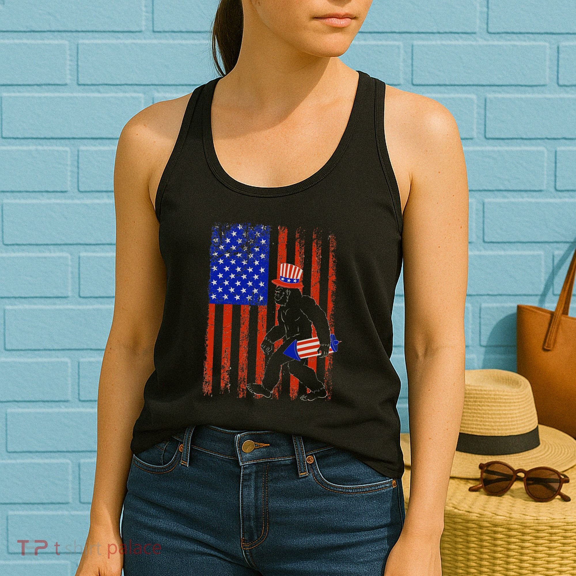 Bigfoot Fireworks Merica 4th of July USA Flag Patriotic Women's Tank Top