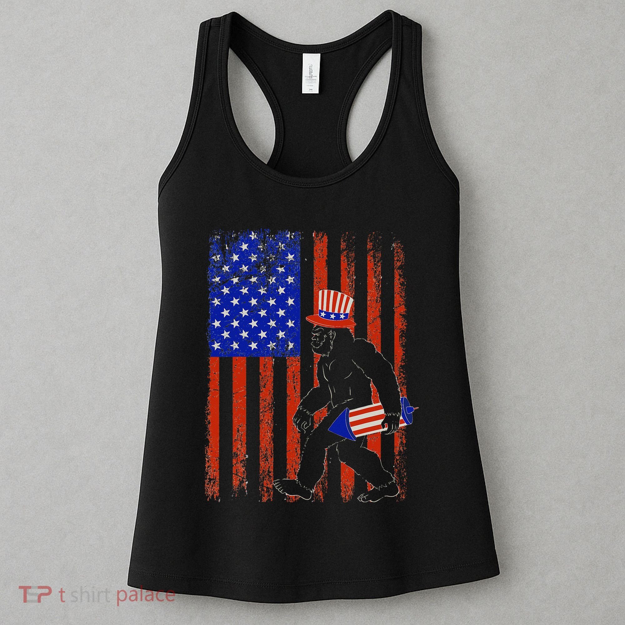 Bigfoot Fireworks Merica 4th of July USA Flag Patriotic Women's Tank Top