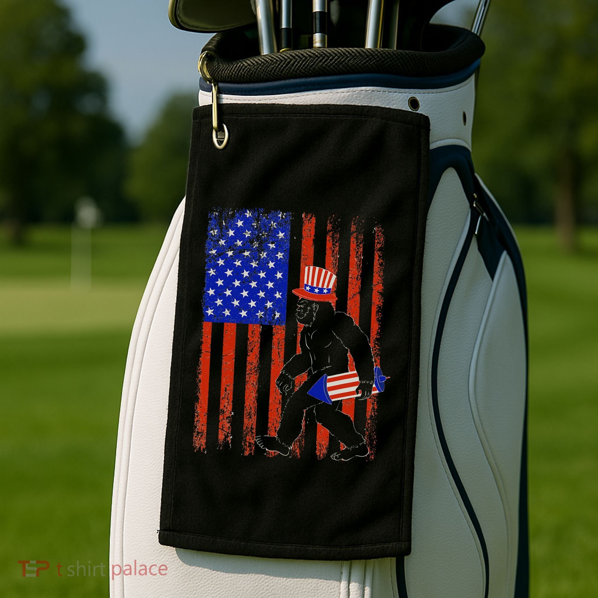 Bigfoot Fireworks Merica 4th of July USA Flag Patriotic Golf Towel