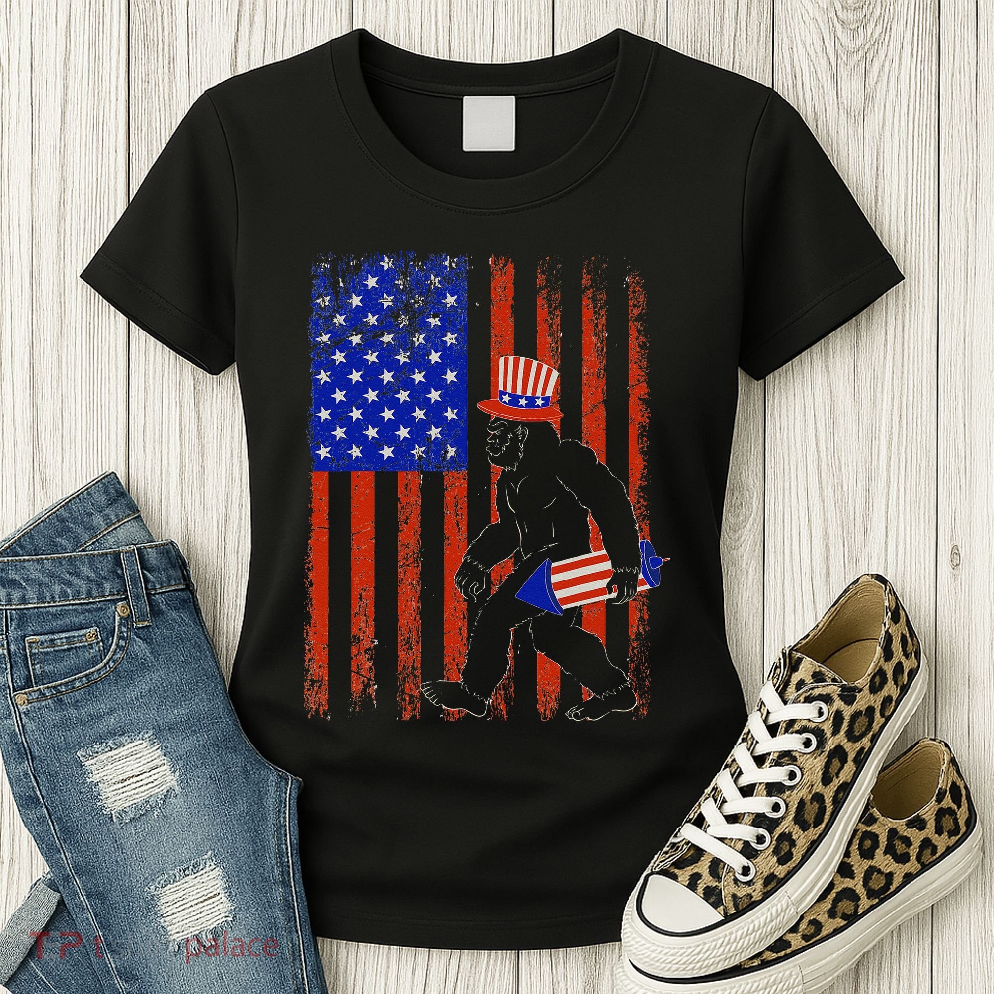 Bigfoot Fireworks Merica 4th of July USA Flag Patriotic Women's T-Shirt