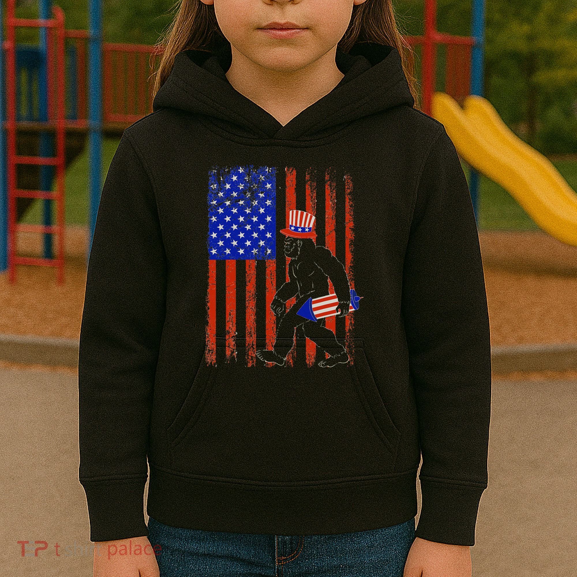 Bigfoot Fireworks Merica 4th of July USA Flag Patriotic Kids Hoodie