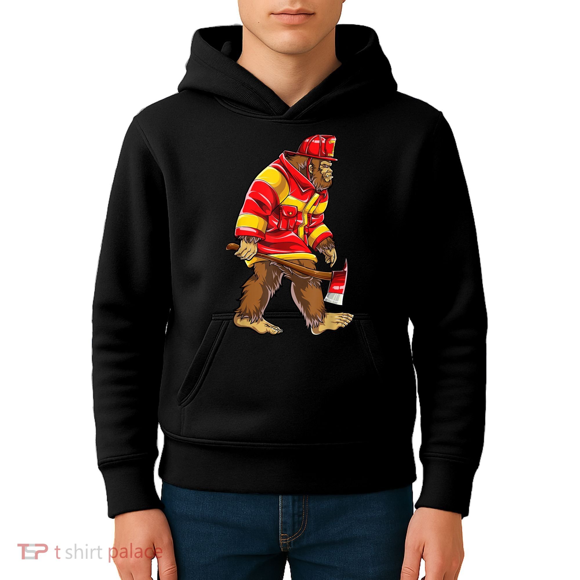 Bigfoot Firefighter Men Thin Red Line Sasquatch Lover Kids Hoodie