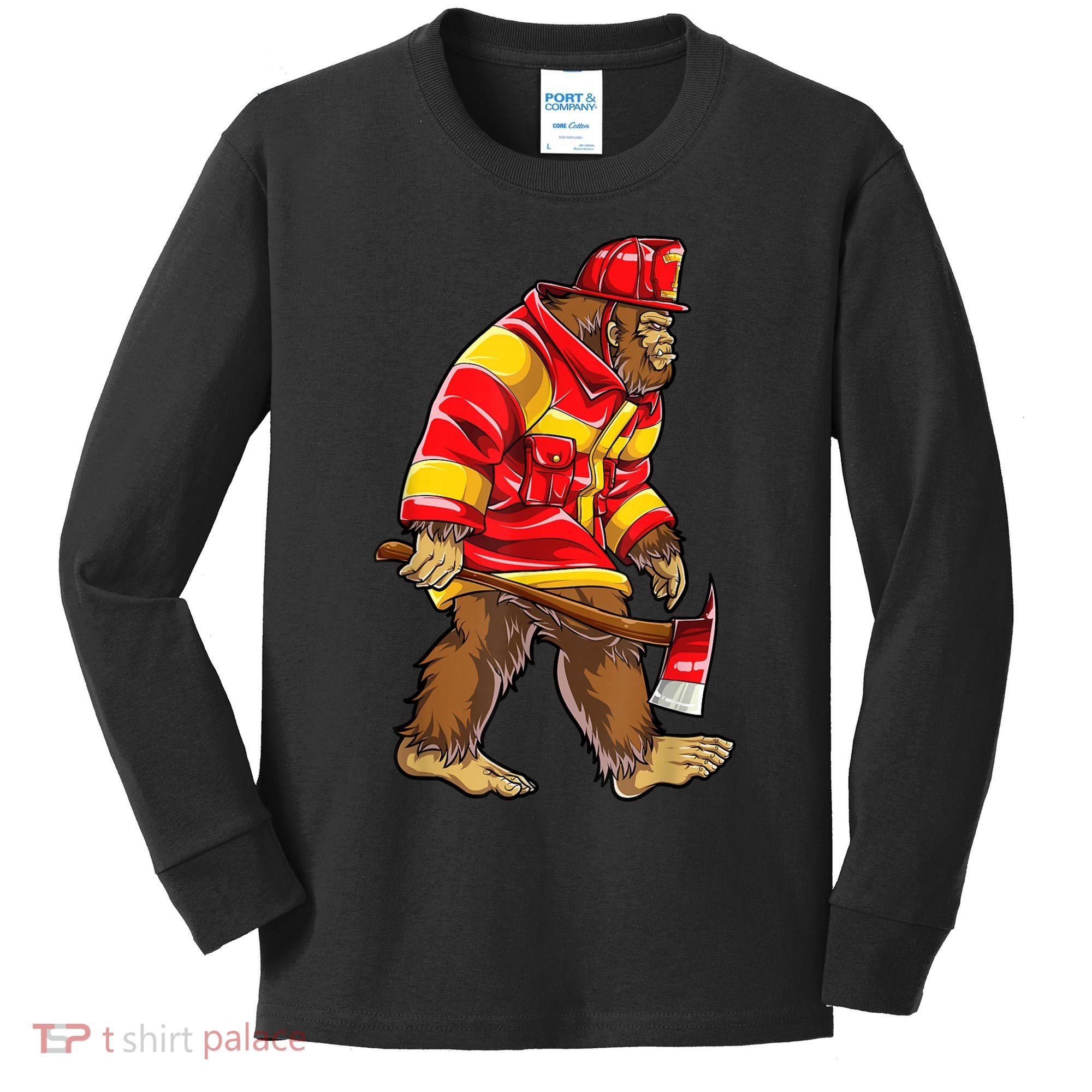 Bigfoot Firefighter Men Thin Red Line Sasquatch Lover Kids Long Sleeve Shirt