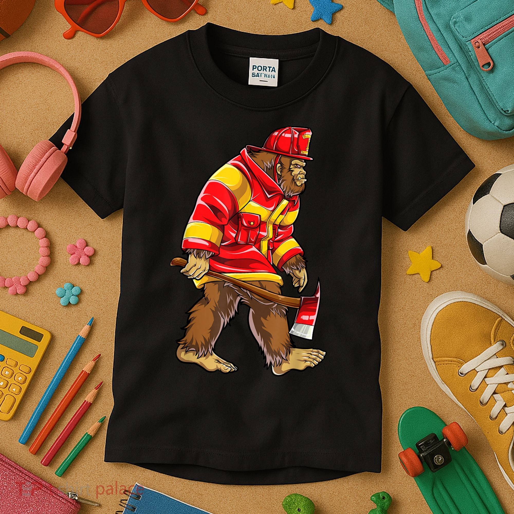 Bigfoot Firefighter Men Thin Red Line Sasquatch Lover Kids T-Shirt