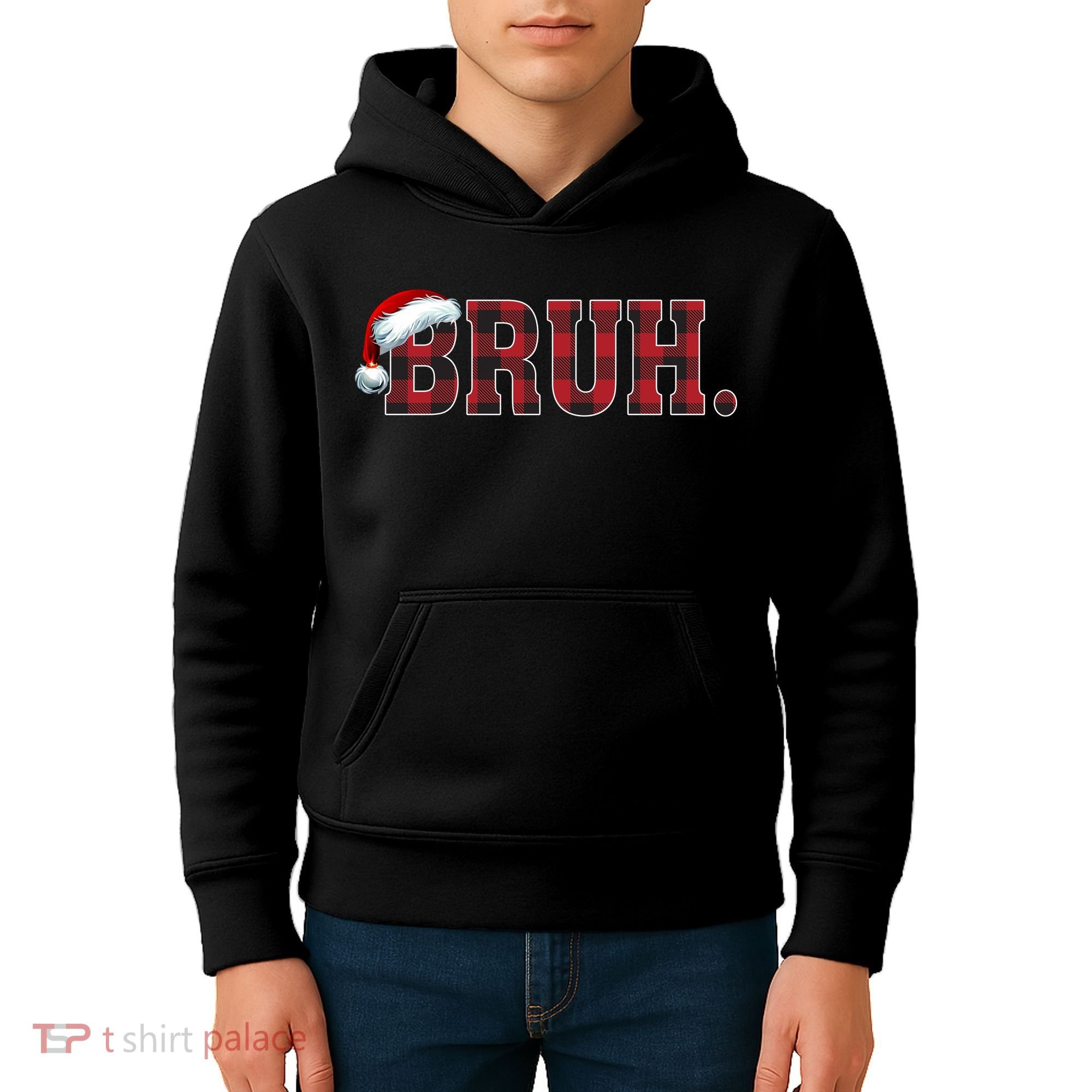 Bruh Funny Merry Christmas Buffalo Plaid Family Matching Pjs Kids Hoodie