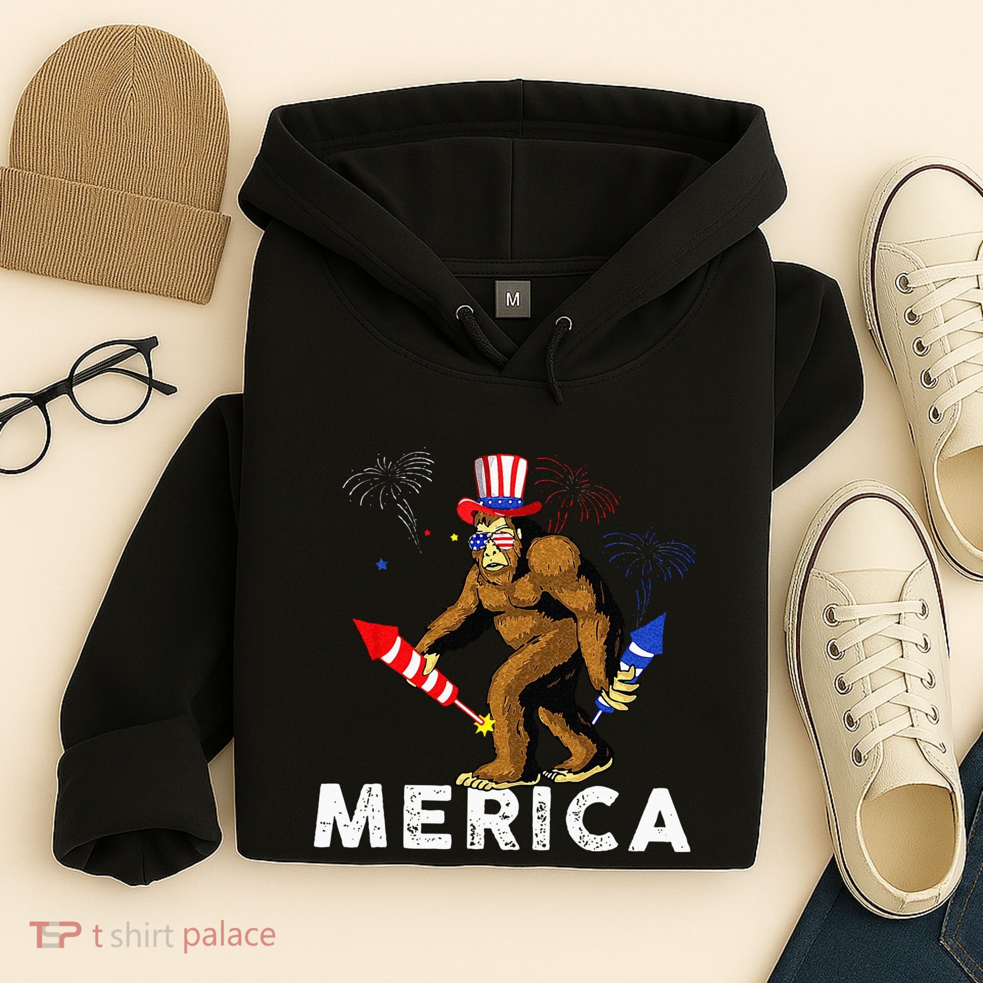 Bigfoot Fireworks Merica 4th Of July Sasquatch Hoodie