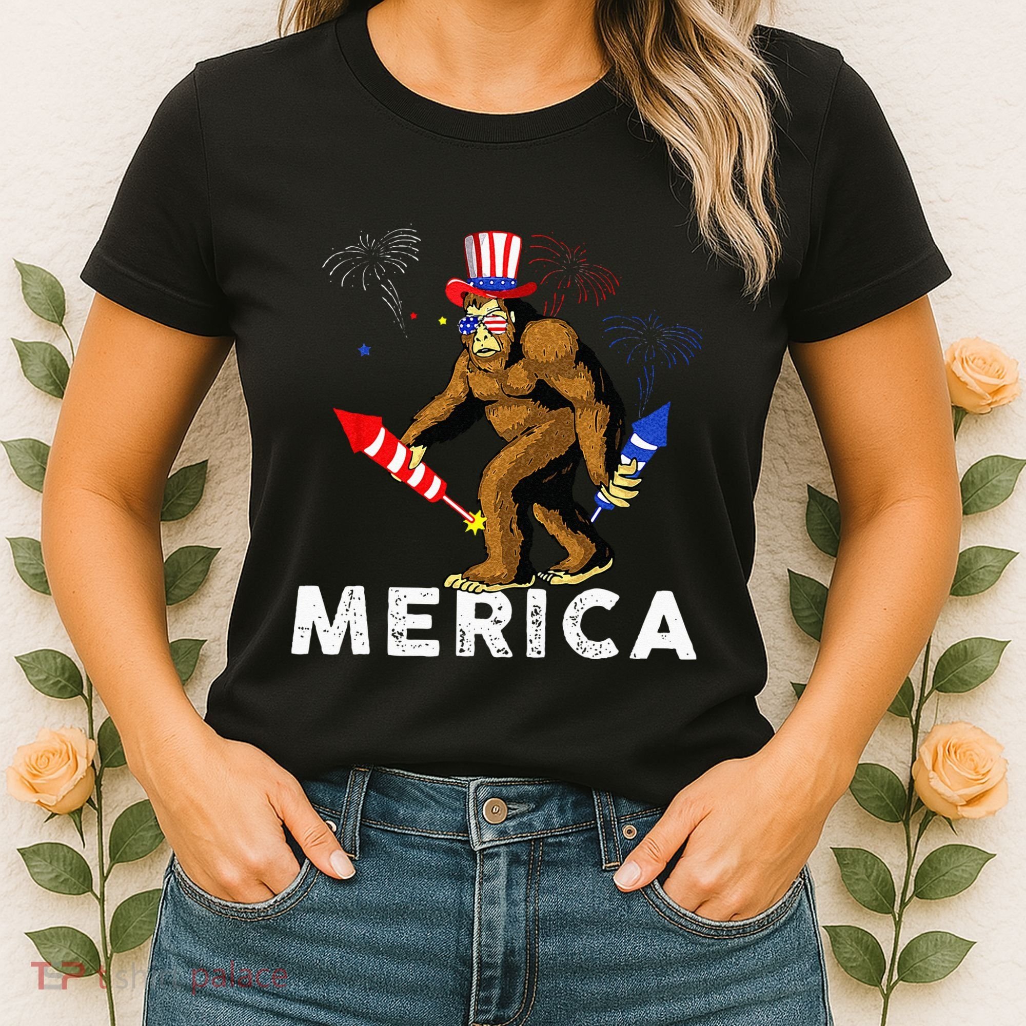 Bigfoot Fireworks Merica 4th Of July Sasquatch Women's T-Shirt