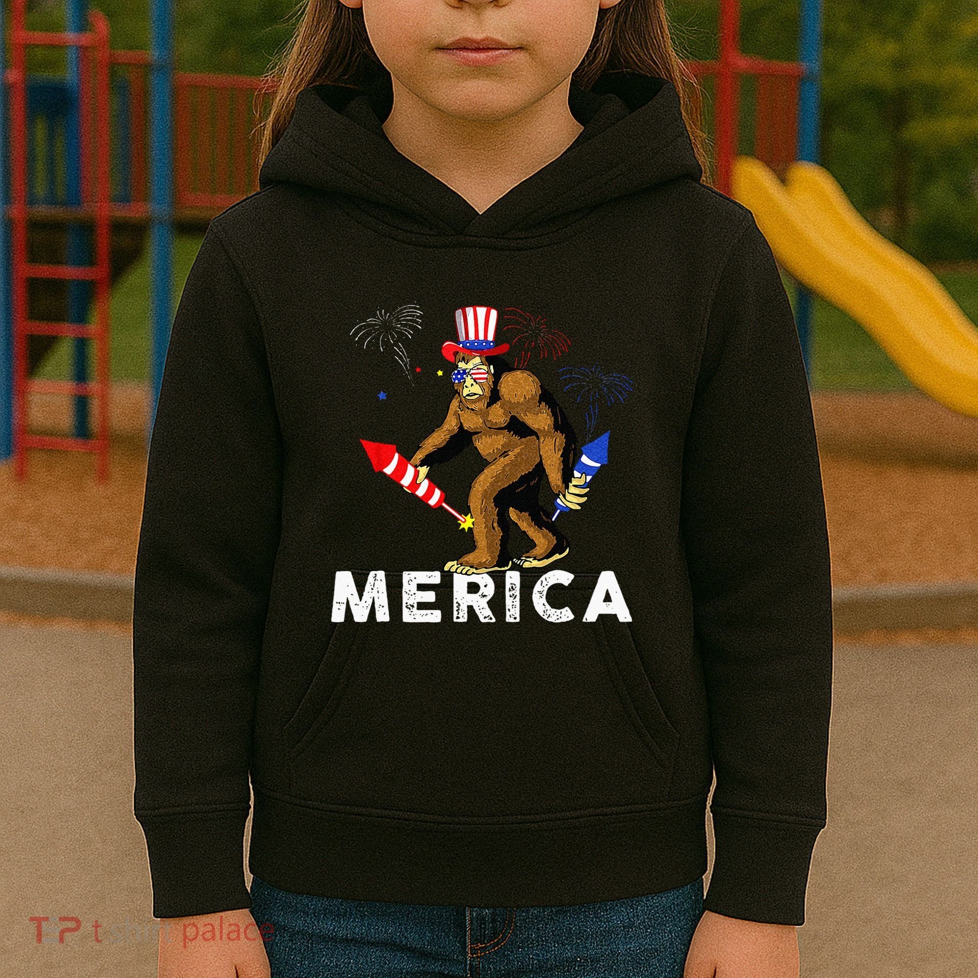 Bigfoot Fireworks Merica 4th Of July Sasquatch Kids Hoodie