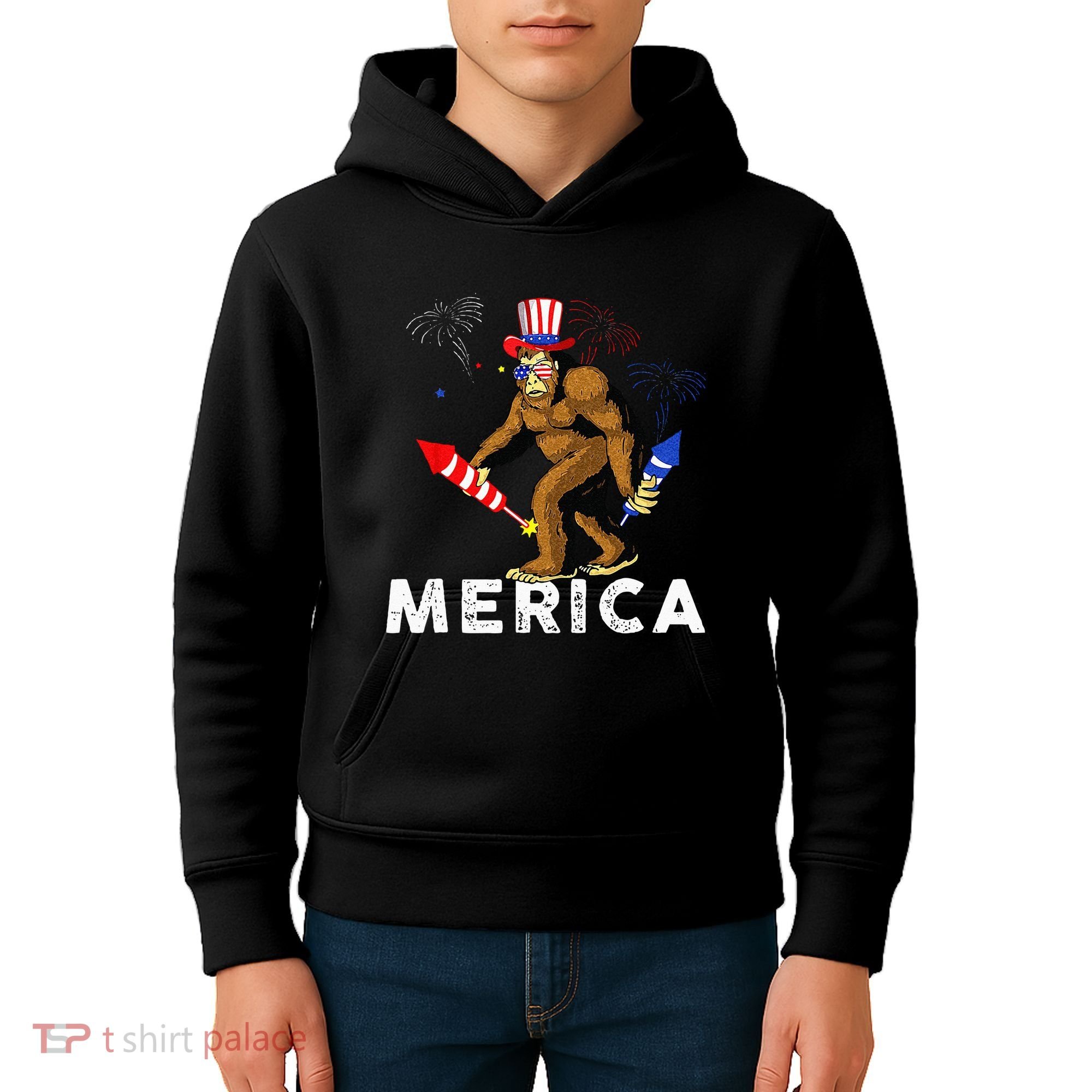 Bigfoot Fireworks Merica 4th Of July Sasquatch Kids Hoodie