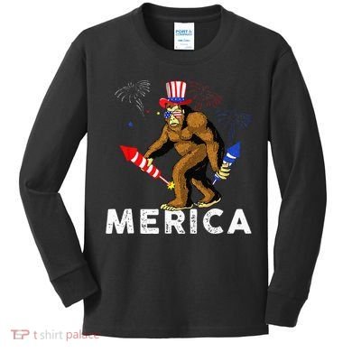 Bigfoot Fireworks Merica 4th Of July Sasquatch Kids Long Sleeve Shirt
