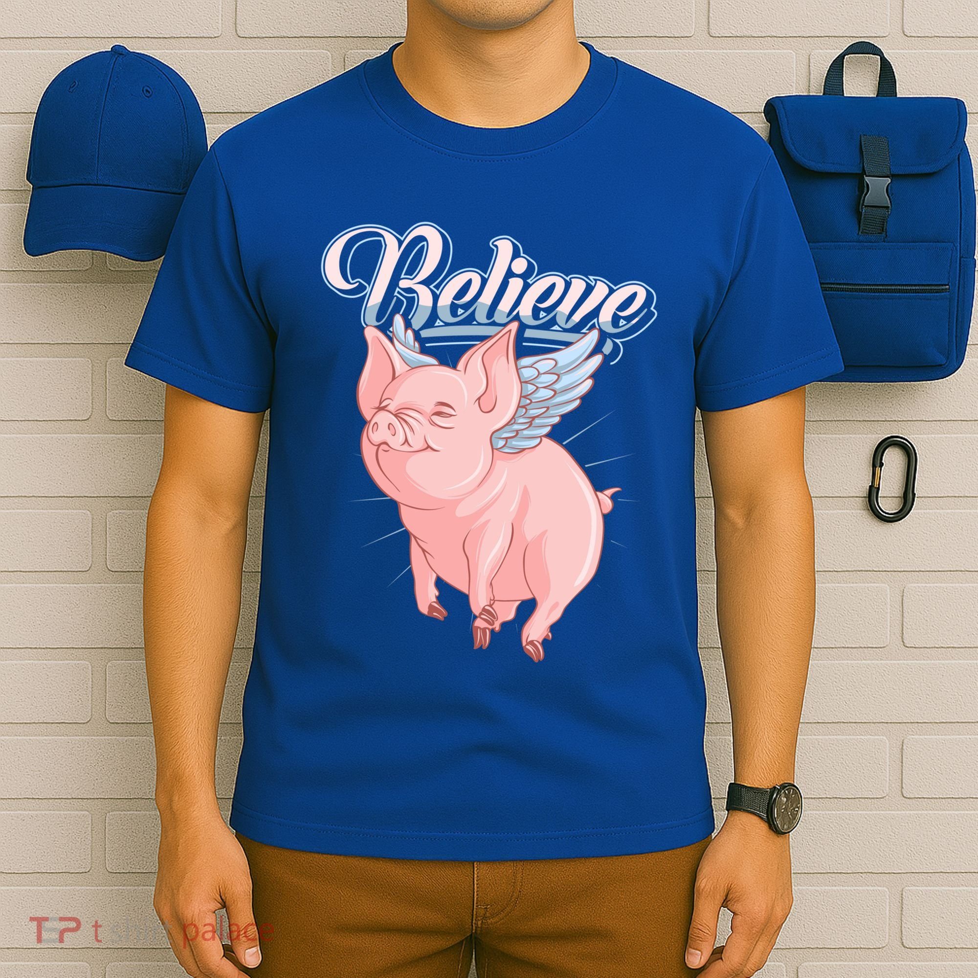 Believe Flying Pig With Wings Animal Motivational Novelty Gift T-Shirt