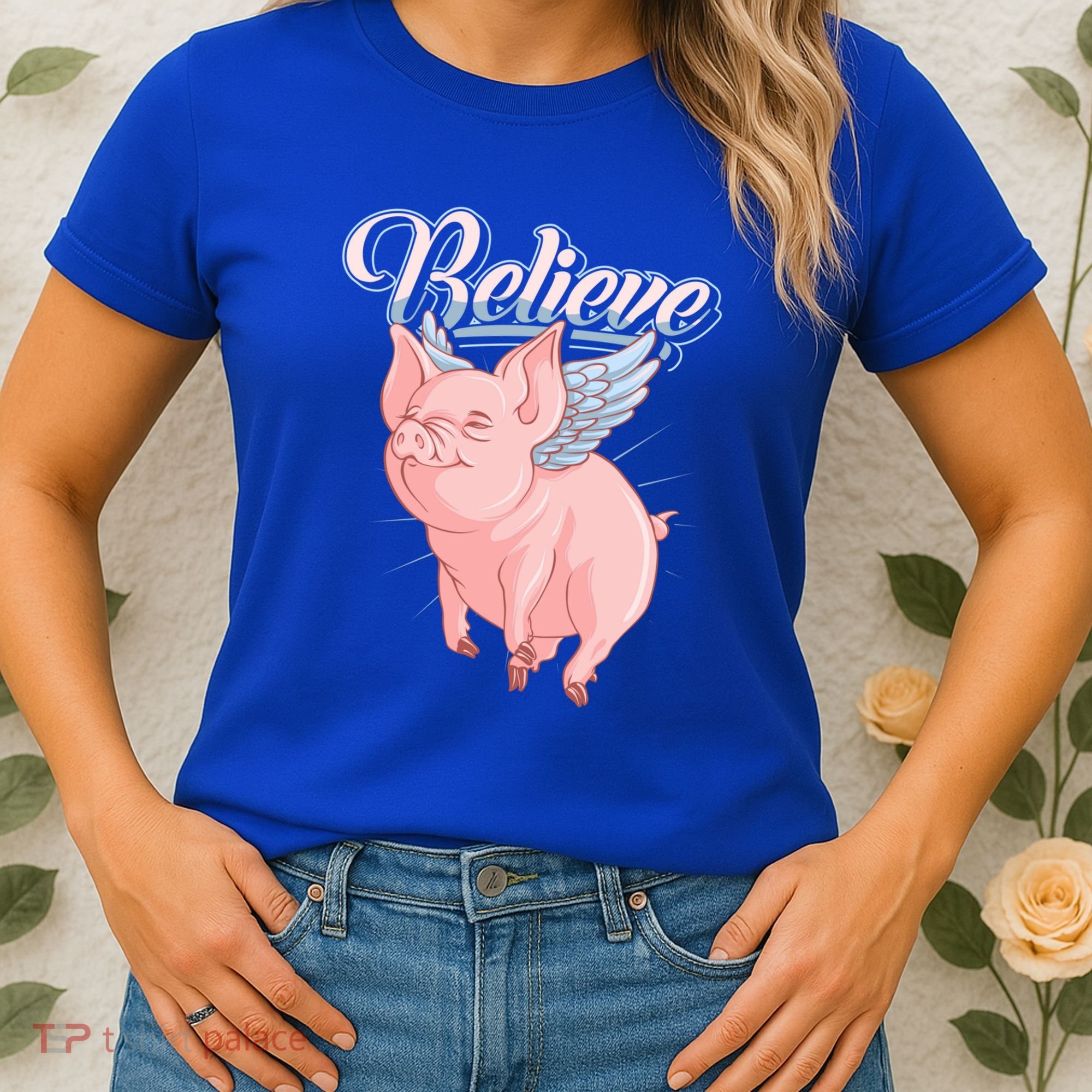 Believe Flying Pig With Wings Animal Motivational Novelty Gift Women's T-Shirt
