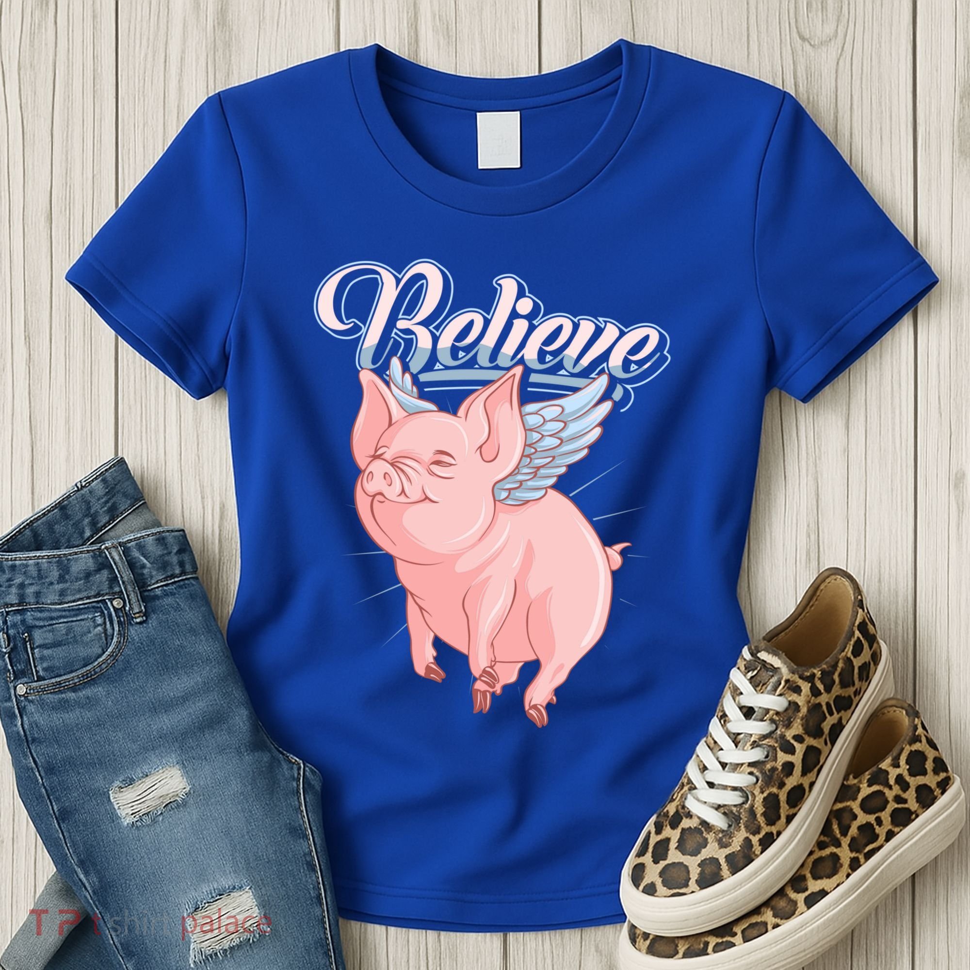 Believe Flying Pig With Wings Animal Motivational Novelty Gift Women's T-Shirt
