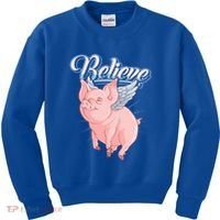 Believe Flying Pig With Wings Animal Motivational Novelty Gift Kids Sweatshirt thumb 0