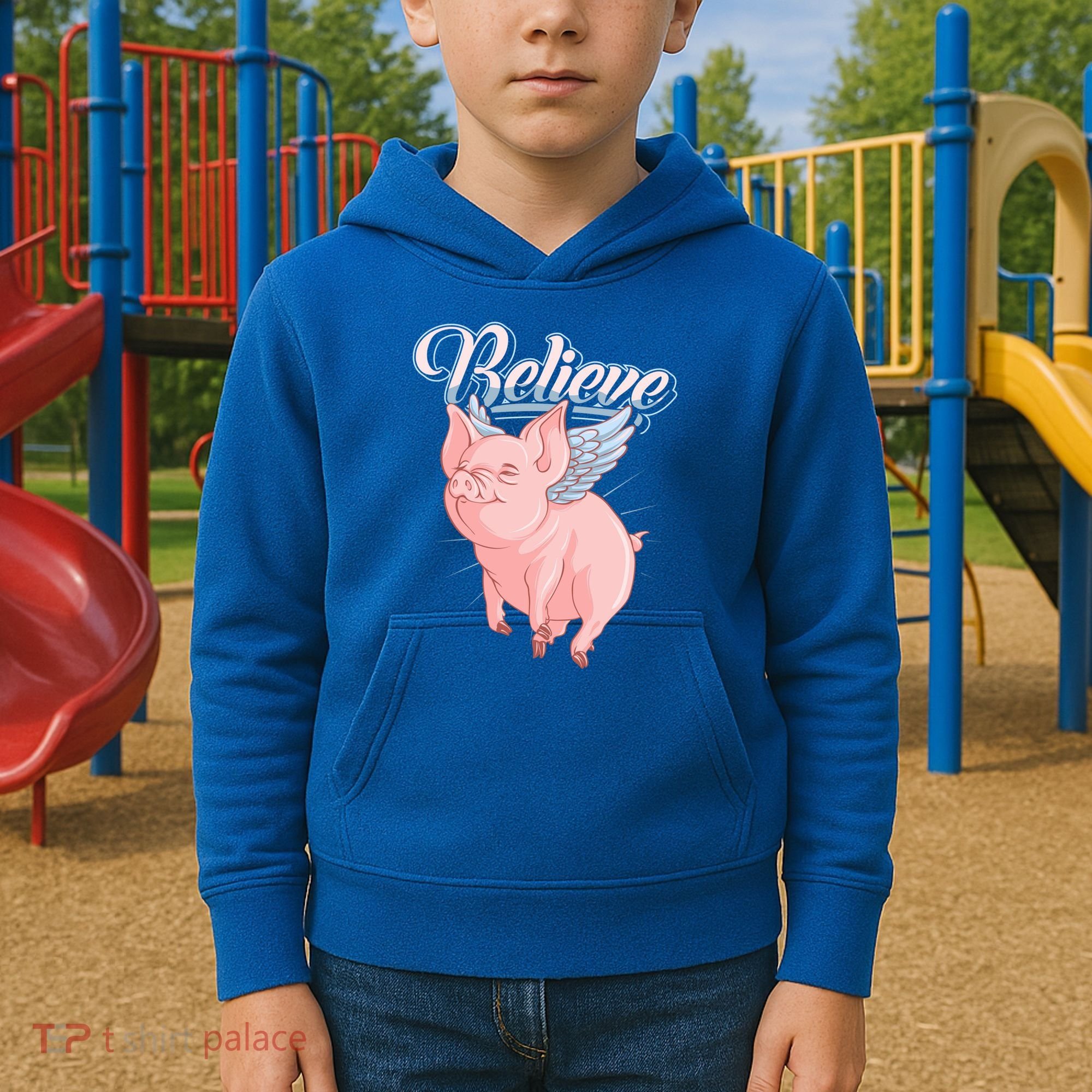 Believe Flying Pig With Wings Animal Motivational Novelty Gift Kids Hoodie