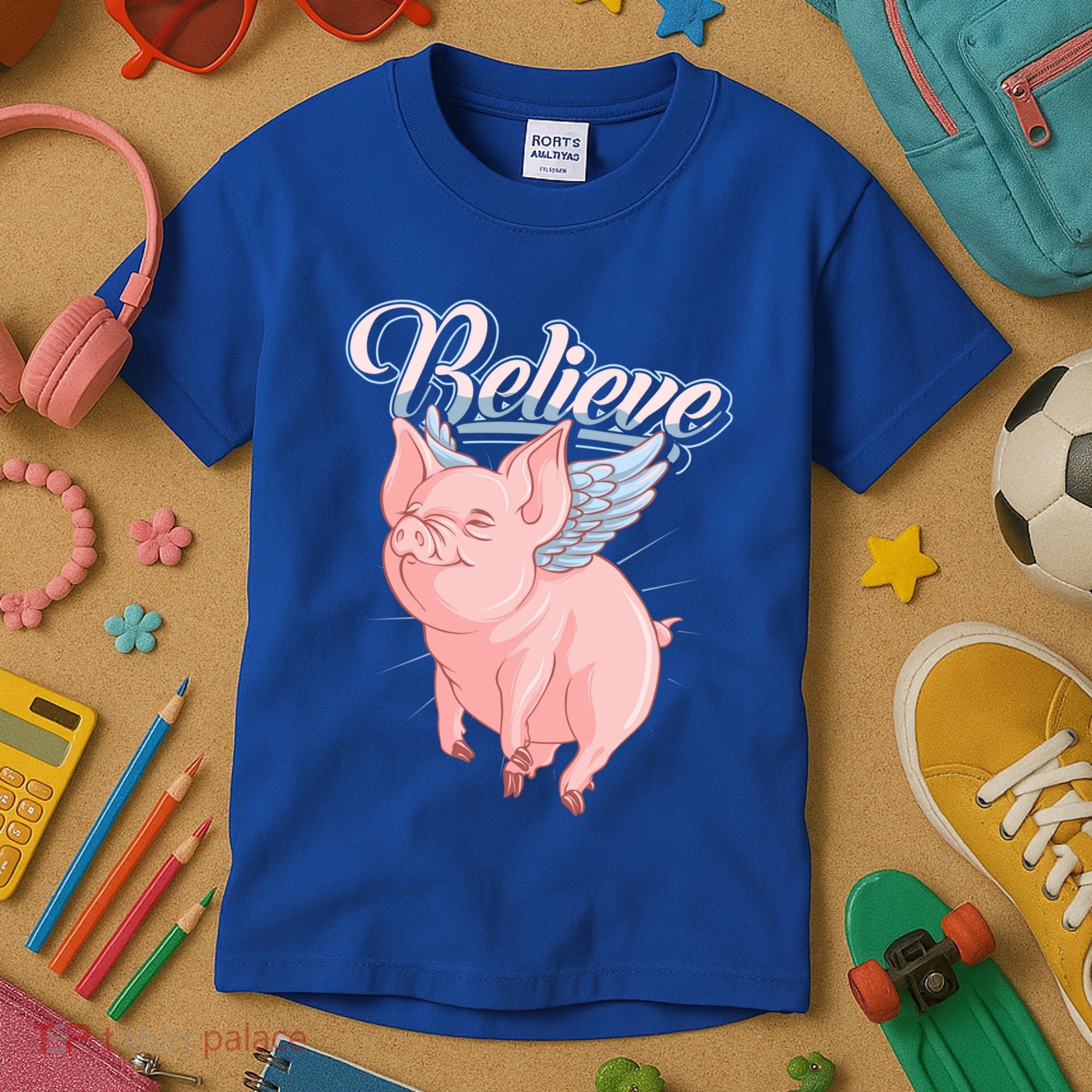 Believe Flying Pig With Wings Animal Motivational Novelty Gift Kids T-Shirt