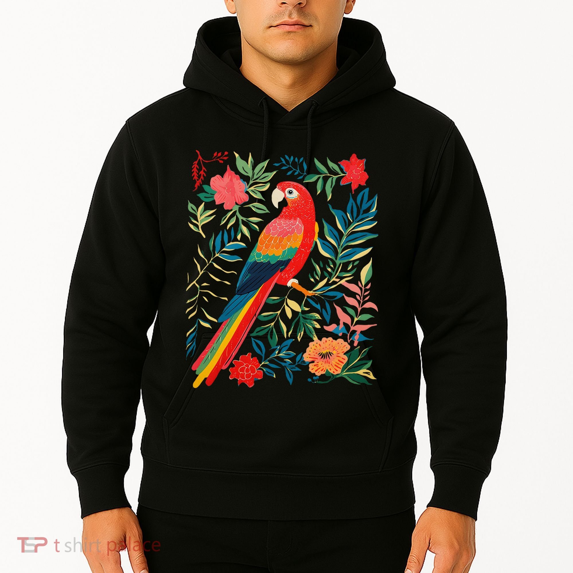 Boho Floral Parrot Scarlet Macaw Birdwatching Bird Lover Hoodie