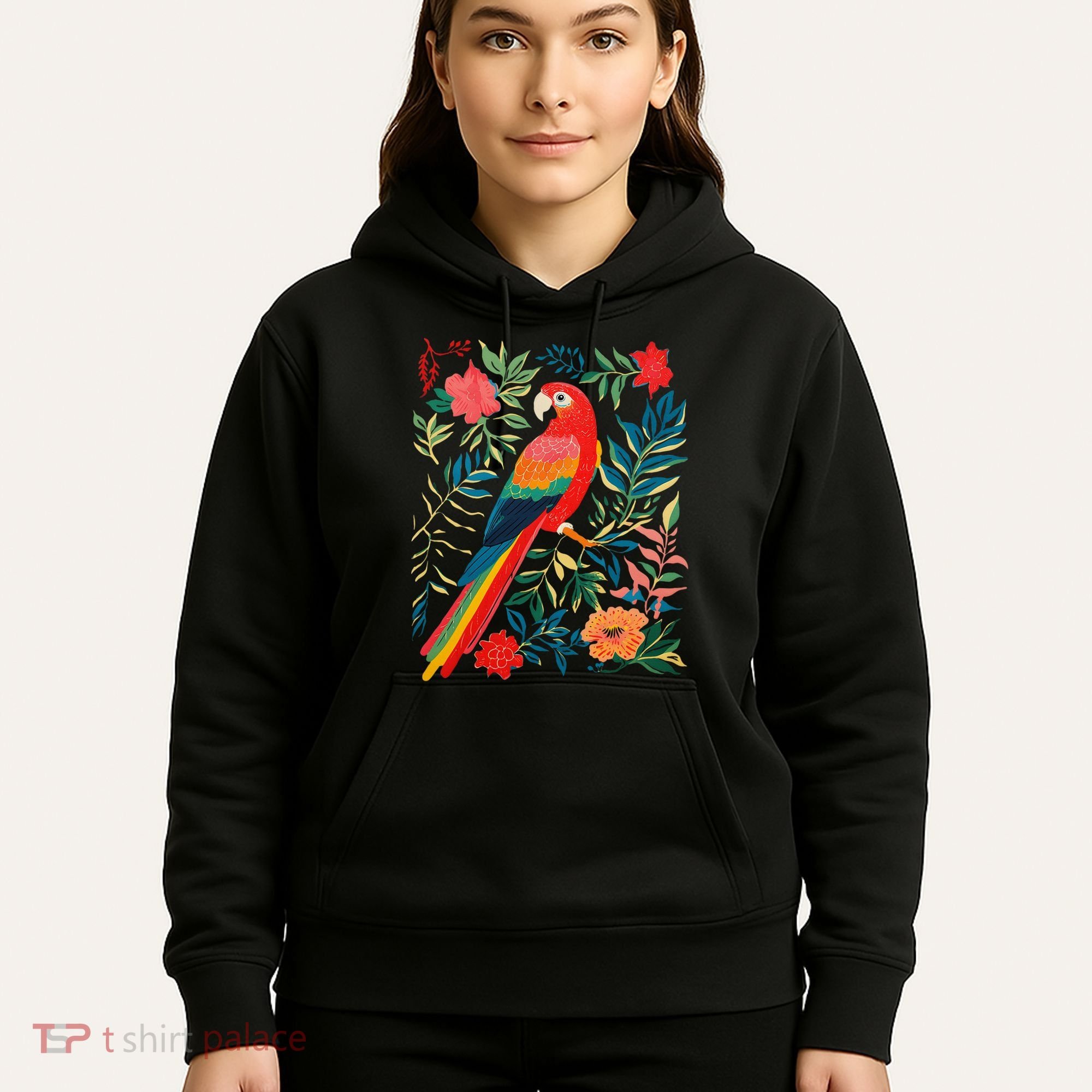 Boho Floral Parrot Scarlet Macaw Birdwatching Bird Lover Hoodie