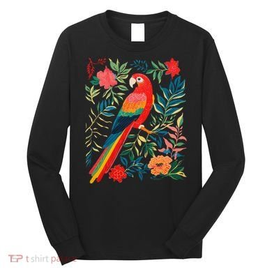 Boho Floral Parrot Scarlet Macaw Birdwatching Bird Lover Long Sleeve Shirt