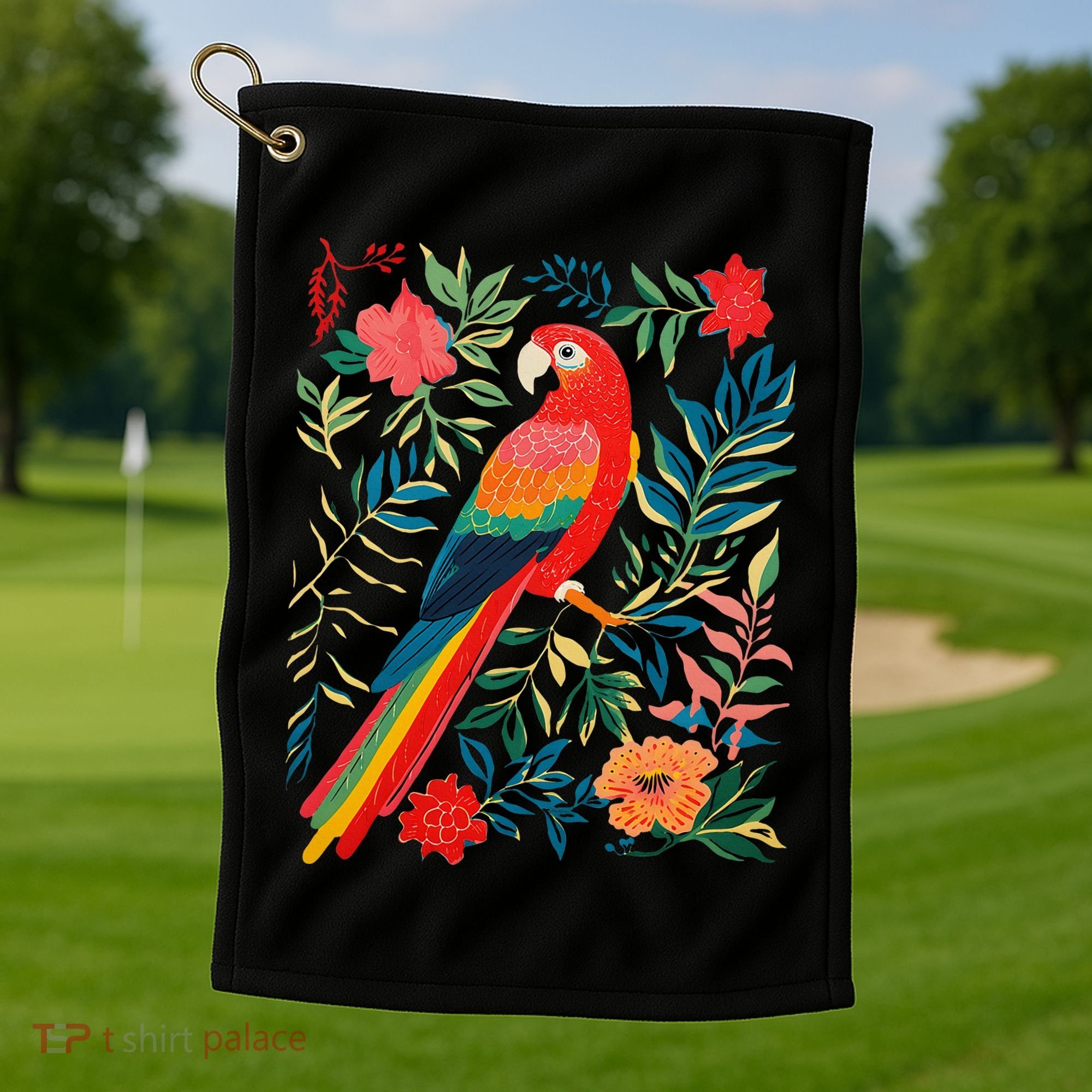 Boho Floral Parrot Scarlet Macaw Birdwatching Bird Lover Golf Towel